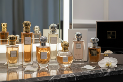 perfume bottles in front of a mirror