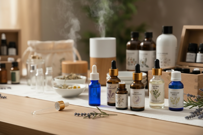 aromatherapy products next to essential oils for aromatherapy