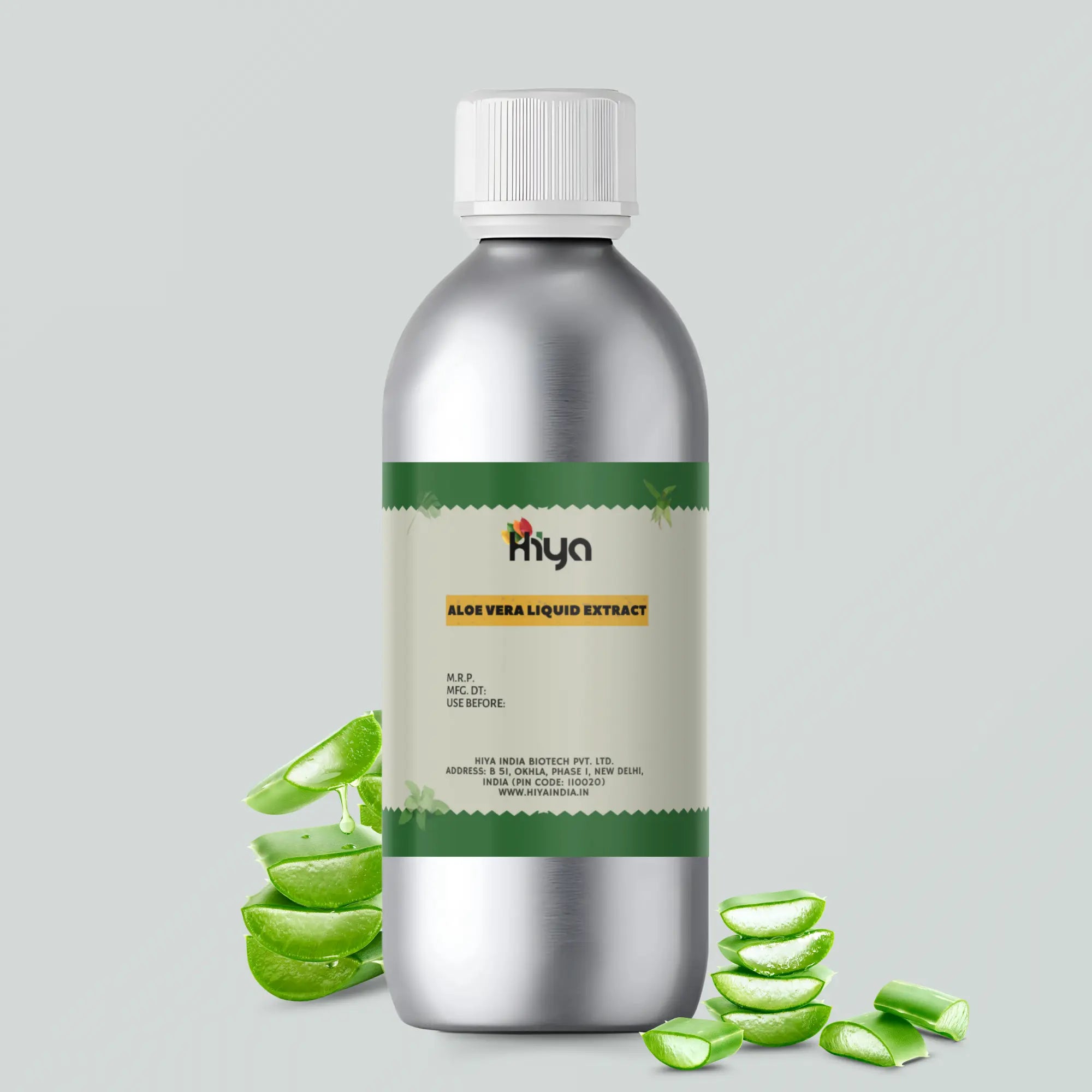 Hiya India's Aloe Vera Liquid Extract in a metallic bottle with a white cap, labeled with product details such as MRP, manufacturing date, expiration date, and the manufacturer's address: Hiya India Biotech Pvt. Ltd., based in New Delhi, India. Surrounded by sliced aloe vera leaves, emphasizing its main ingredient and benefits for natural skincare and wellness.