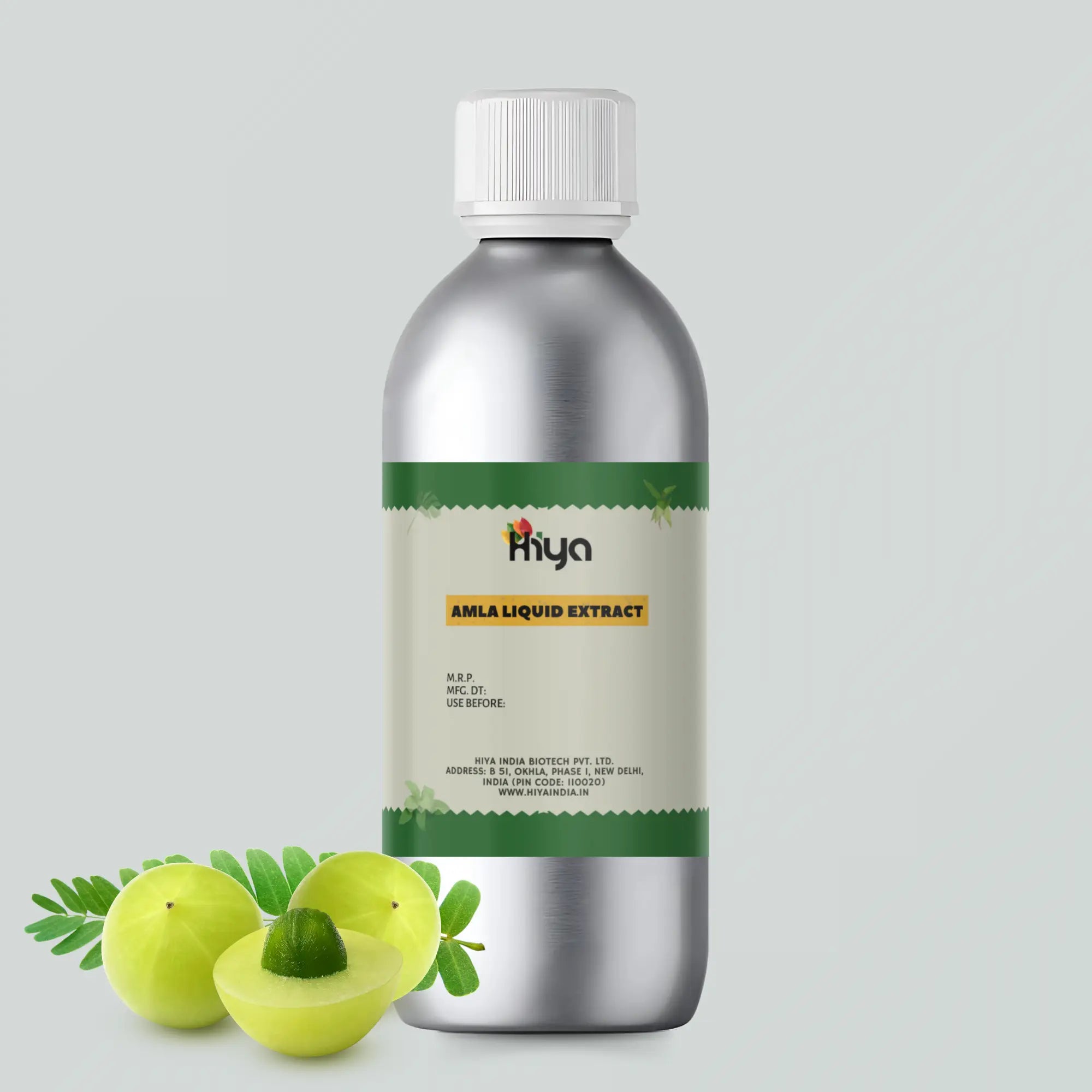 A silver bottle labeled 'Hiya Amla Liquid Extract' is placed at the center. The label features details like the brand name 'Hiya,' the product name 'Amla Liquid Extract,' manufacturing and expiration dates, and company information (Hiya India Biotech Pvt. Ltd., New Delhi, India). Two whole amla fruits and one half amla fruit with leaves are arranged in front of the bottle.
