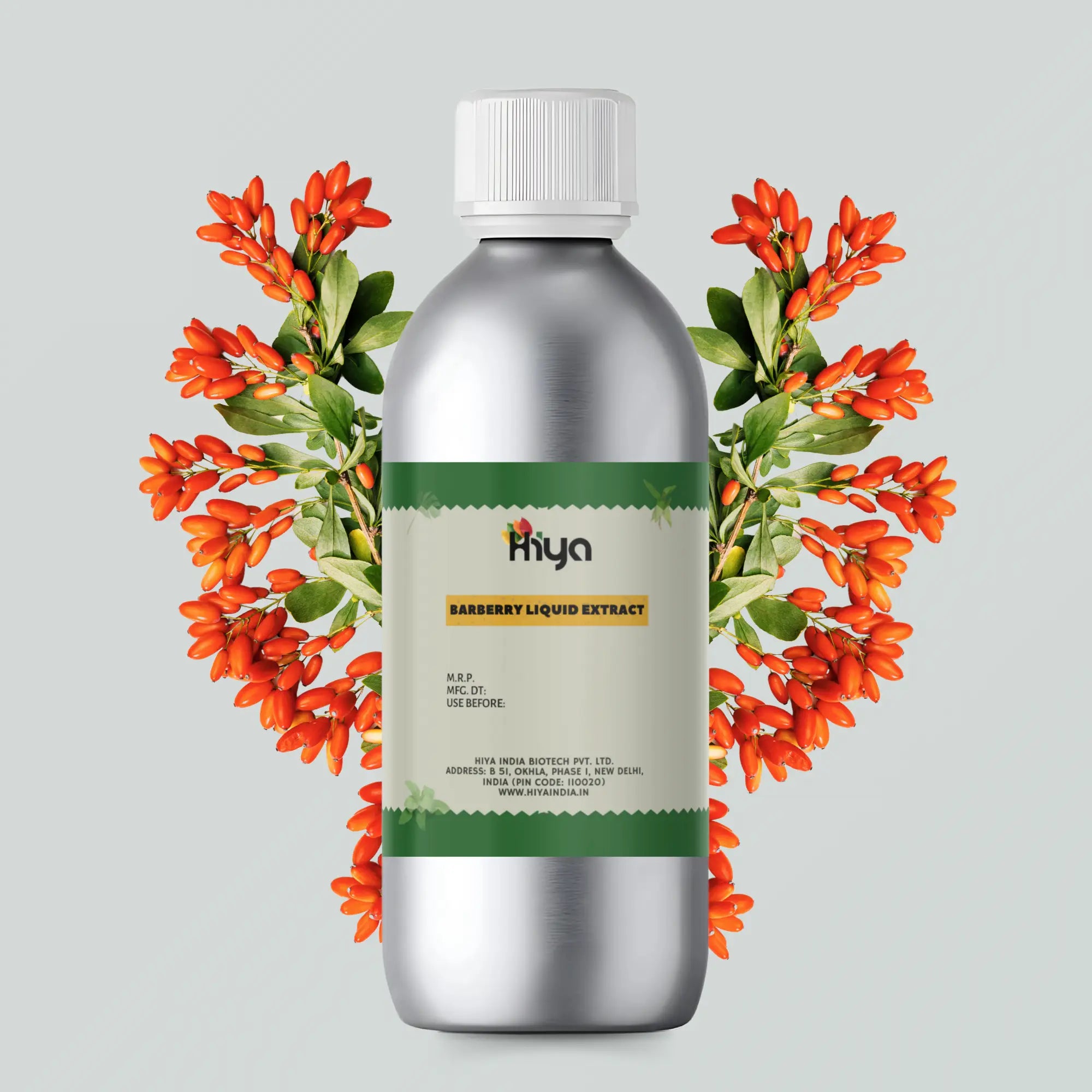 A silver bottle labeled 'Hiya Barberry Liquid Extract' is placed centrally, surrounded by bright orange barberry flowers from the left and right side of the backside of the bottle.