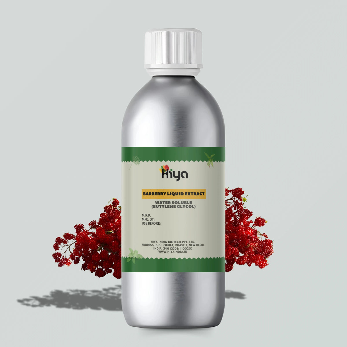 Hiya India Barberry Liquid Extract - Water Soluble (Butylene Glycol) in a silver bottle with a white cap, displayed next to vibrant red barberry branches.
