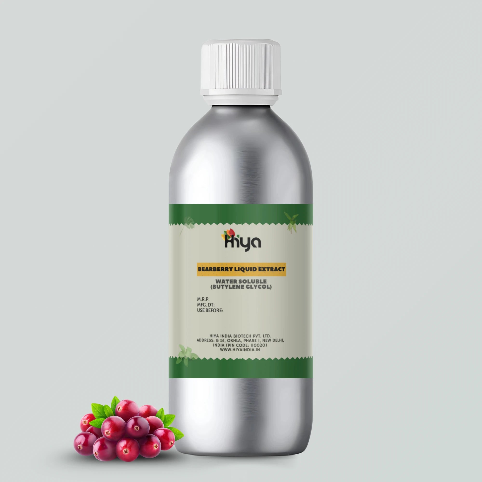 Hiya India Bearberry Liquid Extract - Water Soluble (Butylene Glycol) in a silver bottle with a white cap, displayed next to a cluster of red berries and green leaves.