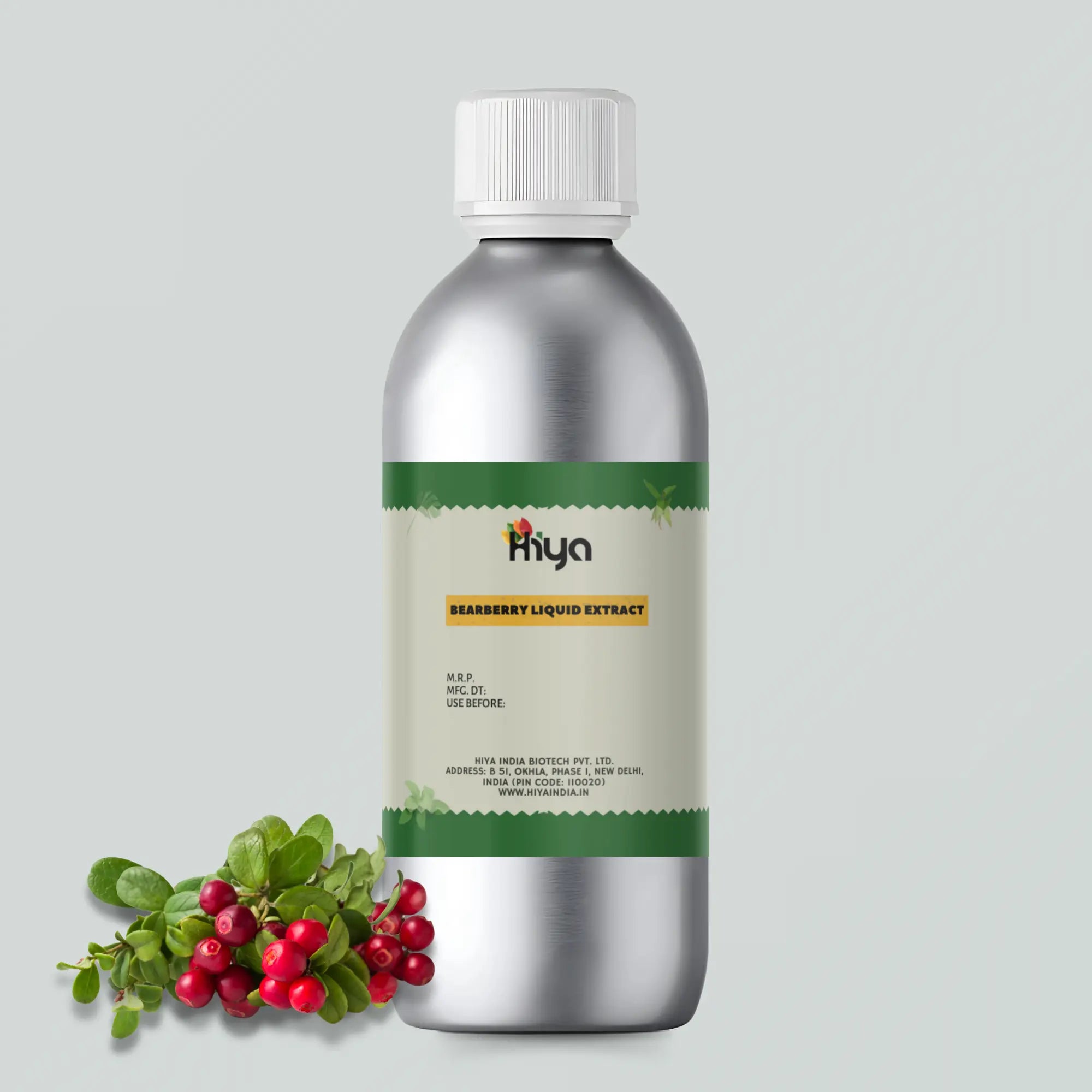 A metallic bottle with a white cap labeled "Hiya Bearberry Liquid Extract." The label includes key details like M.R.P., manufacturing date, and expiration date, along with the brand information: Hiya India Biotech Pvt. Ltd., based in New Delhi, India. A cluster of fresh bearberries and green leaves is placed beside the bottle, emphasizing its natural ingredients.