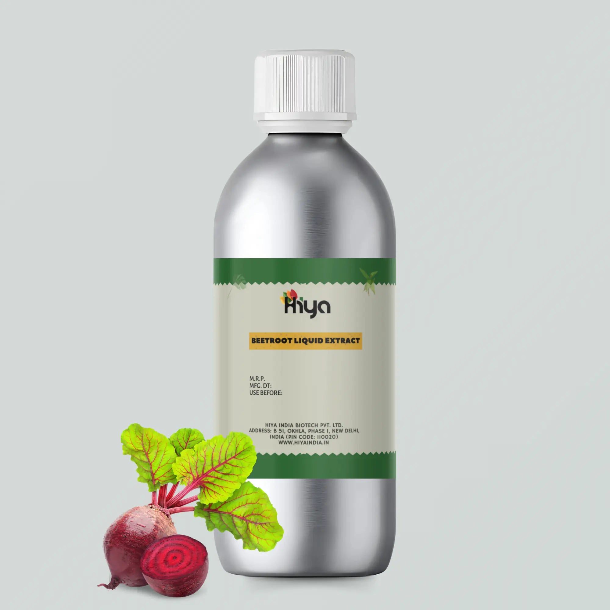 a silver bottle of beetroot liquid extract along side a beetroot with green leaves and a half cut beetroot.