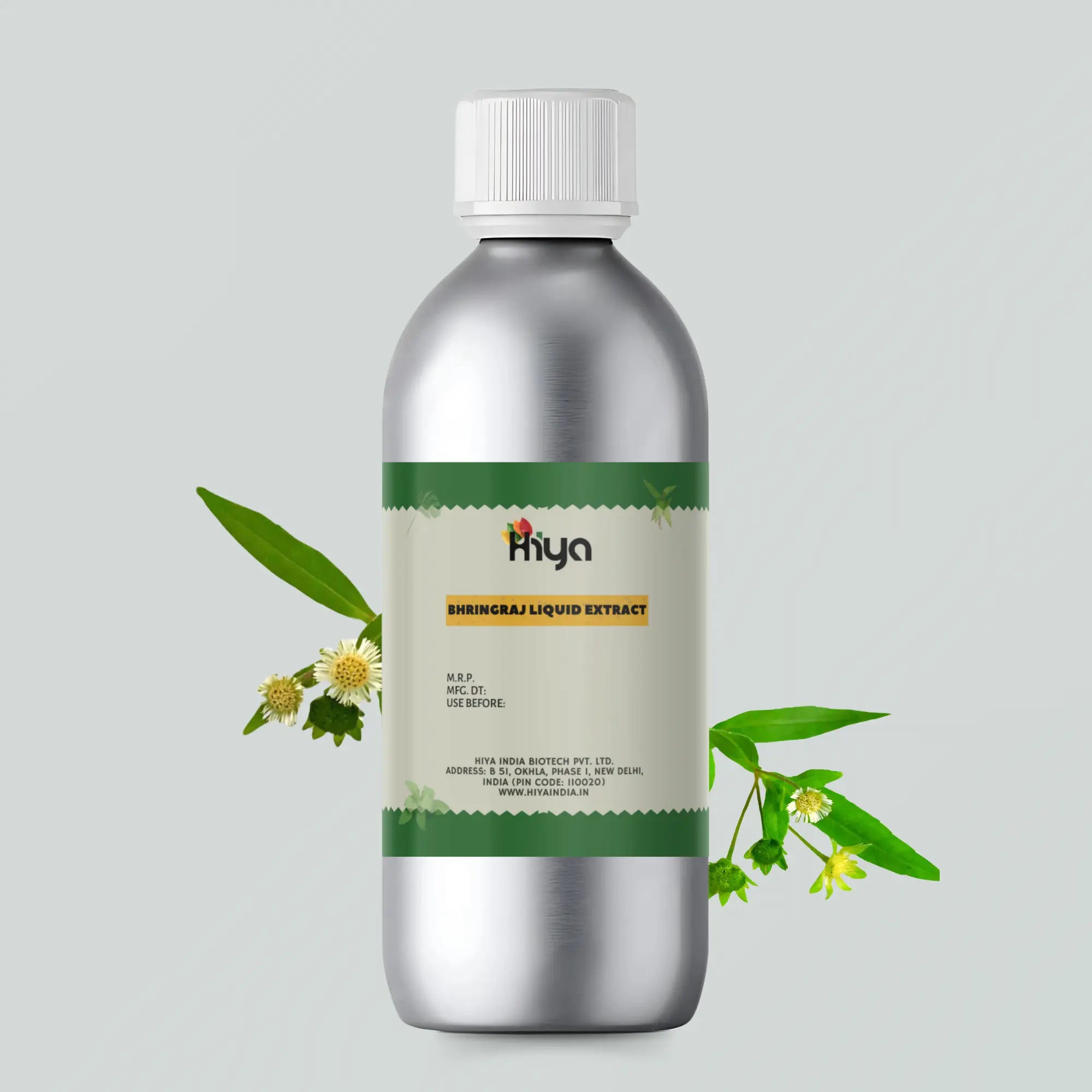 Hiya Bhringraj Liquid Extract bottle, surrounded by Bhringraj leaves also known as false daisy and white false daisy flowers, showcasing its natural and herbal essence