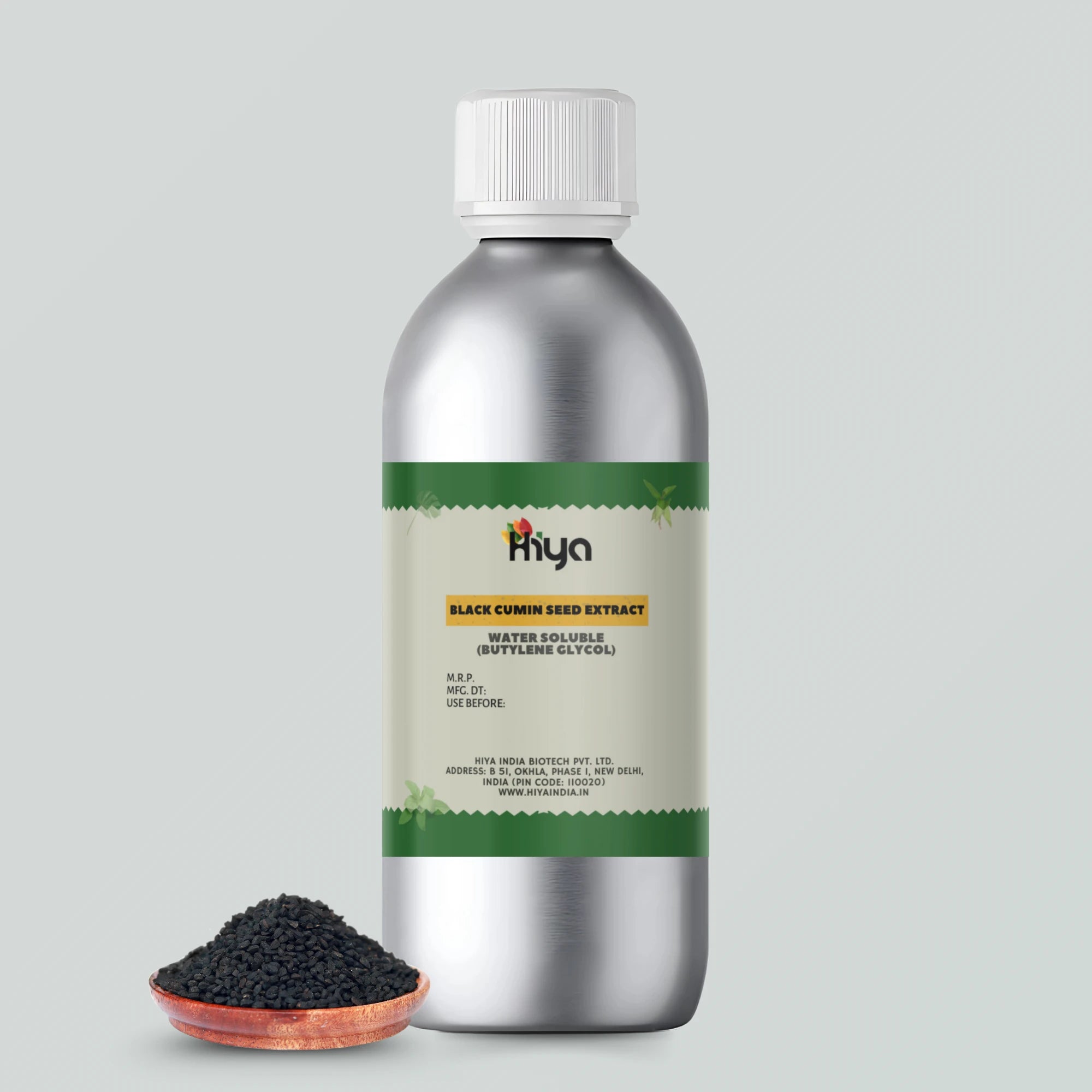 Metallic bottle of Hiya Black Cumin Seed Extract, labeled ‘Water Soluble (Butylene Glycol),’ placed beside whole Black Cumin seeds.
