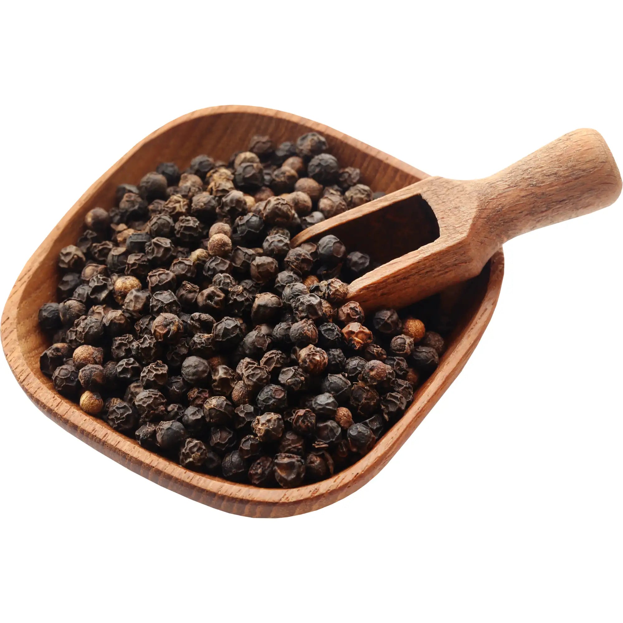 A wooden bowl filled with dried black peppercorns, accompanied by a wooden scoop.. The peppercorns are dark brown to black, showcasing their natural, wrinkled texture, used for extraction of Black Pepper Essential Oil