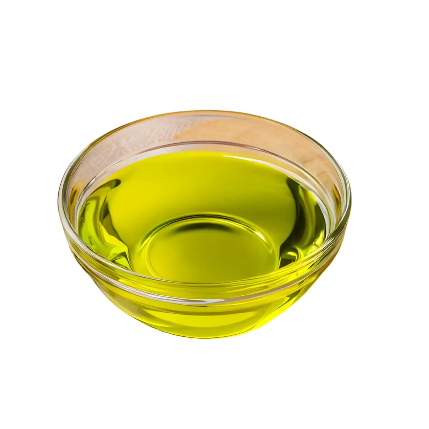 A transparent glass bowl filled with golden-yellow Chamomile Essential Oil, reflecting light and showcasing its purity and richness.