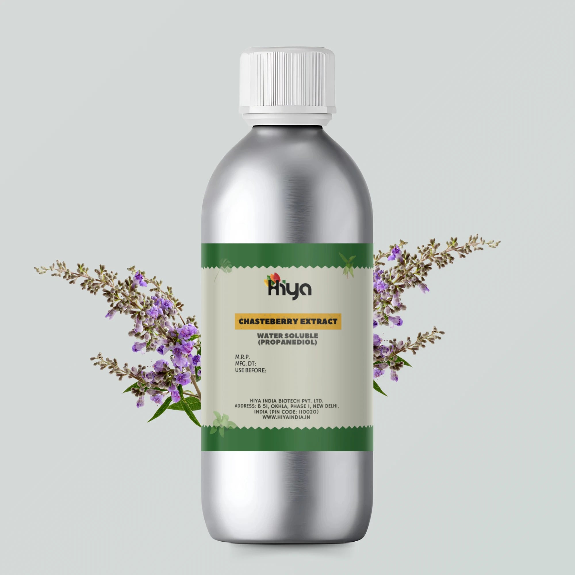 A silver metallic bottle labeled "Hiya Chasteberry Extract Water Soluble (Propanediol)" with sprigs of purple flowers beside it.