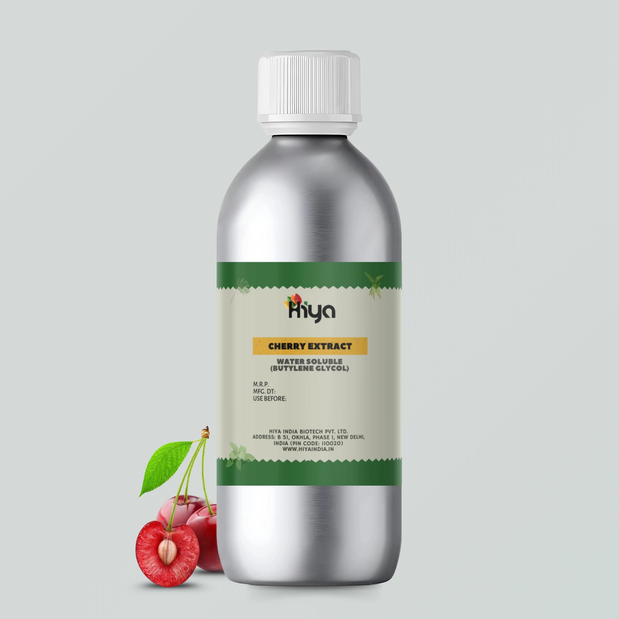 Hiya India brand Cherry Extract - Water Soluble (Butylene Glycol) in a silver bottle with a white cap, displayed next to fresh red cherries, some whole and one sliced open. Ideal for cosmetic manufacturers, home DIY creators, and natural skincare formulations.