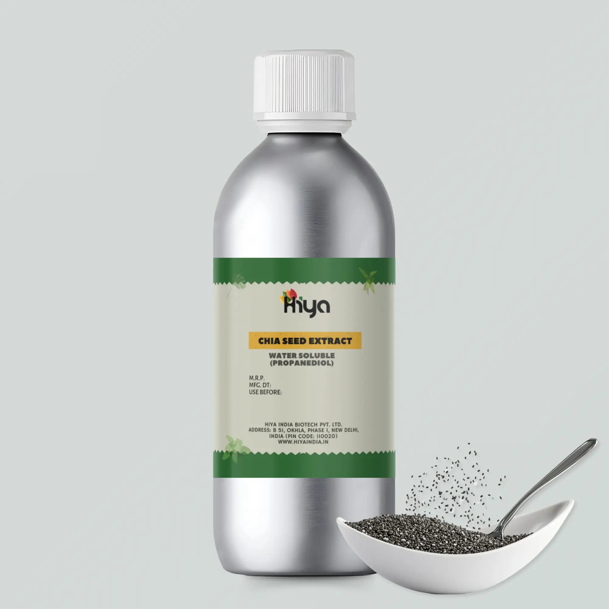 A silver bottle labeled "Hiya Chia Seed Extract Water Soluble" with a bowl of chia seeds and a spoon beside it.