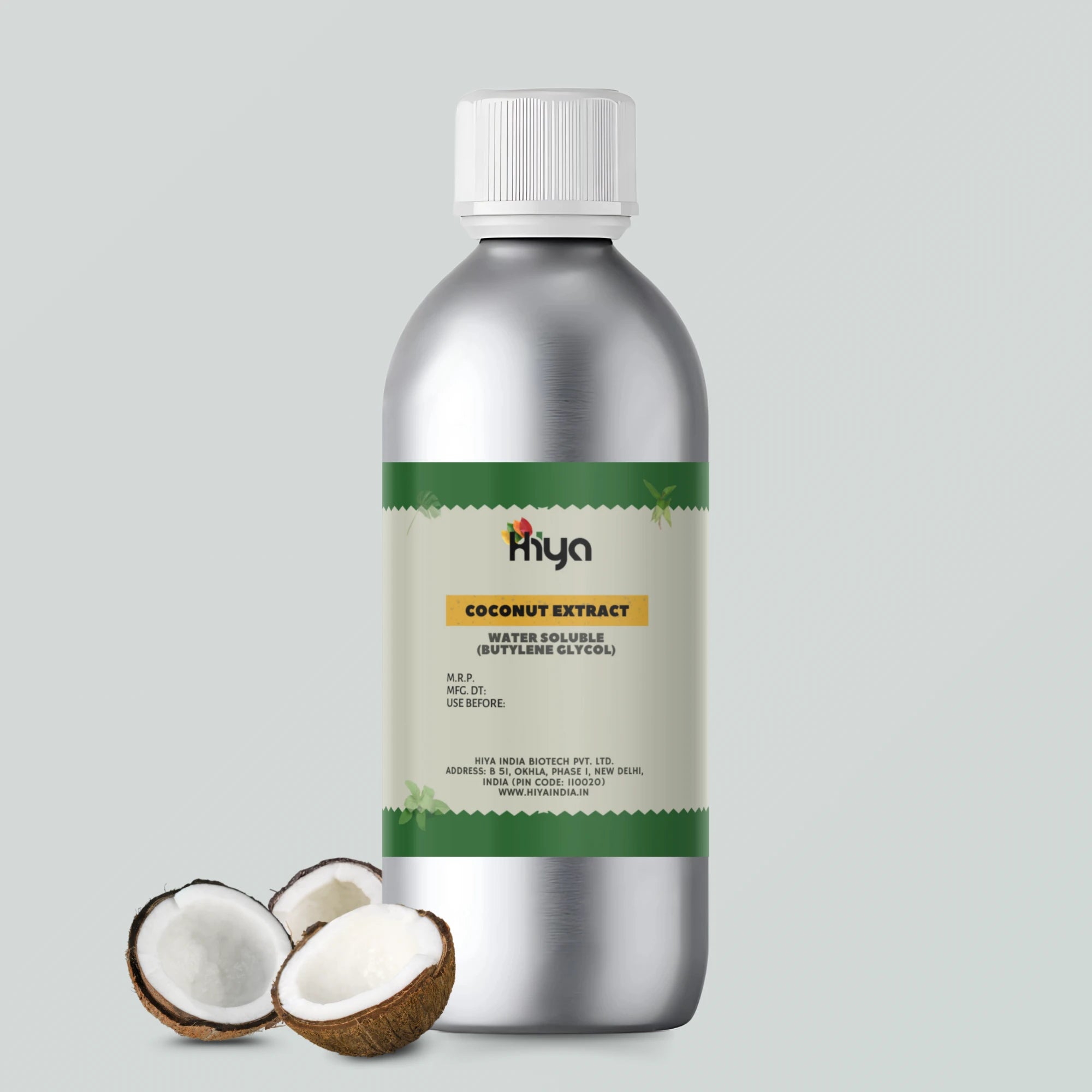 Hiya India brand Coconut Extract - Water Soluble (Butylene Glycol) in a silver bottle with a white cap, displayed next to broken coconut halves. 