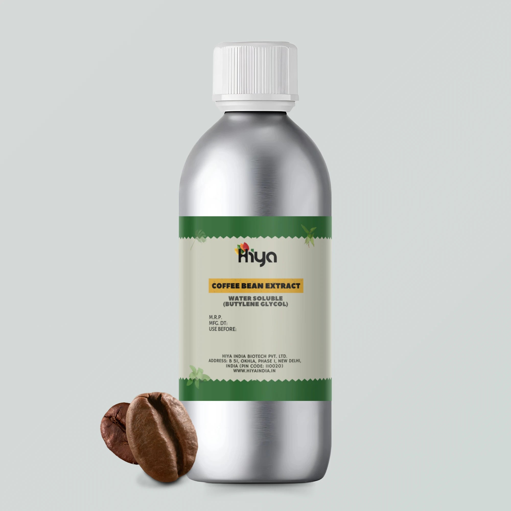 A metallic bottle labeled "Hiya Coffee Bean Extract Water Soluble (Butylene Glycol)" with a silver cap.  Two coffee beans are displayed at the bottom left corner of the image.