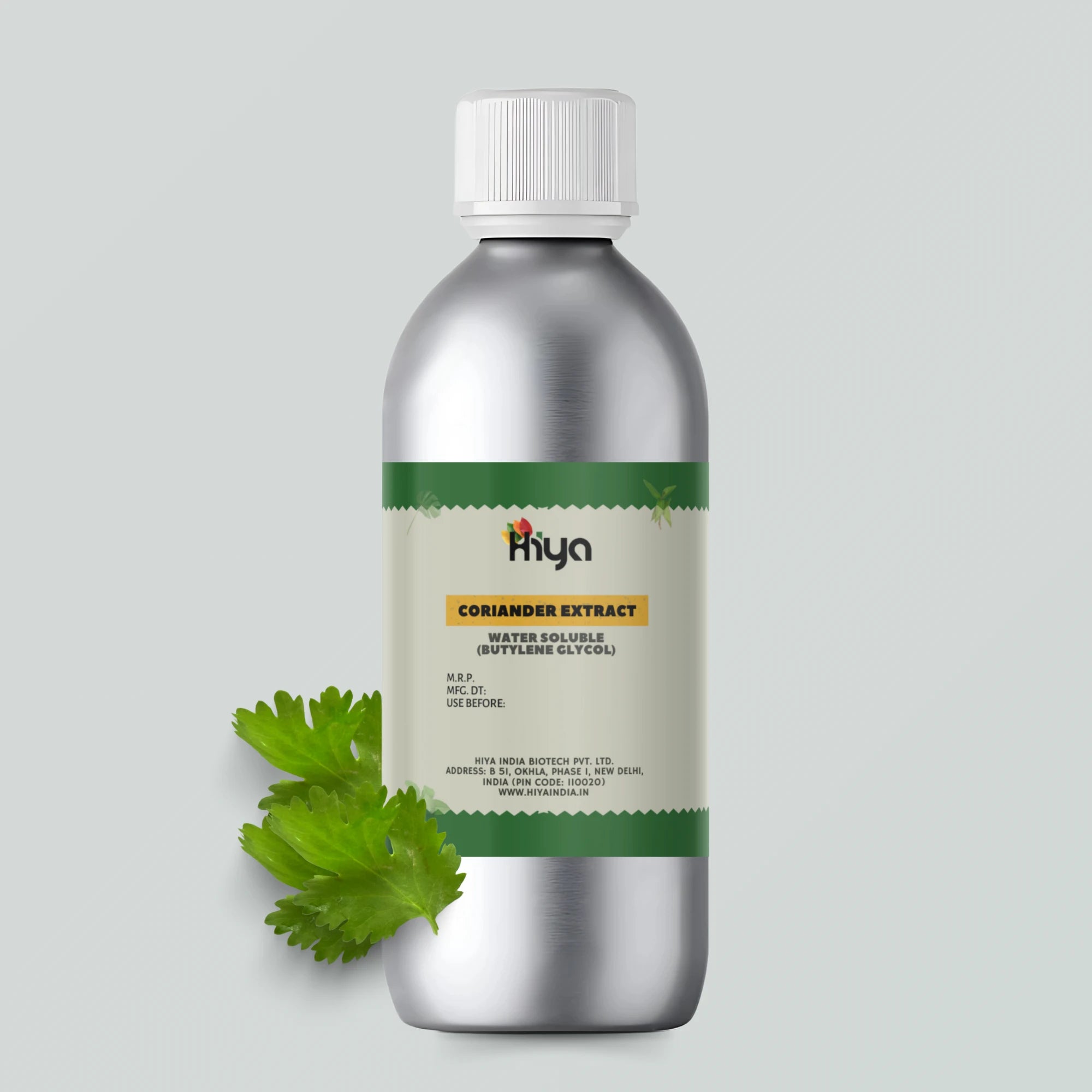 A metallic bottle labeled "Hiya Curry Leaf Extract Water Soluble (Butylene Glycol)" with a silver cap. Fresh curry leaves are displayed both on the label and beside the bottle, highlighting the extract's natural source.