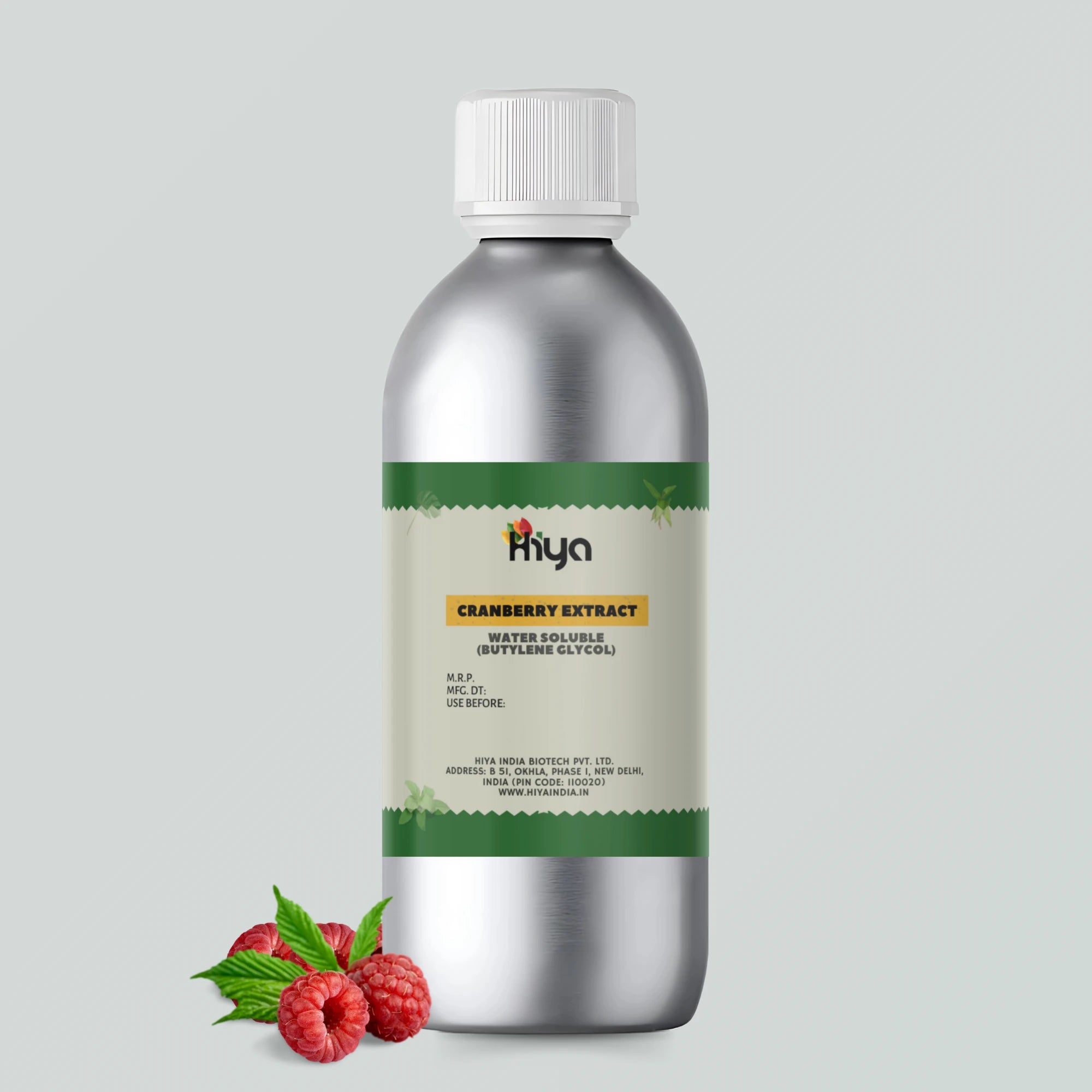 Hiya India brand Cranberry Extract - Water Soluble (Butylene Glycol) in a silver bottle with a white cap, displayed next to red raspberries and green leaves.