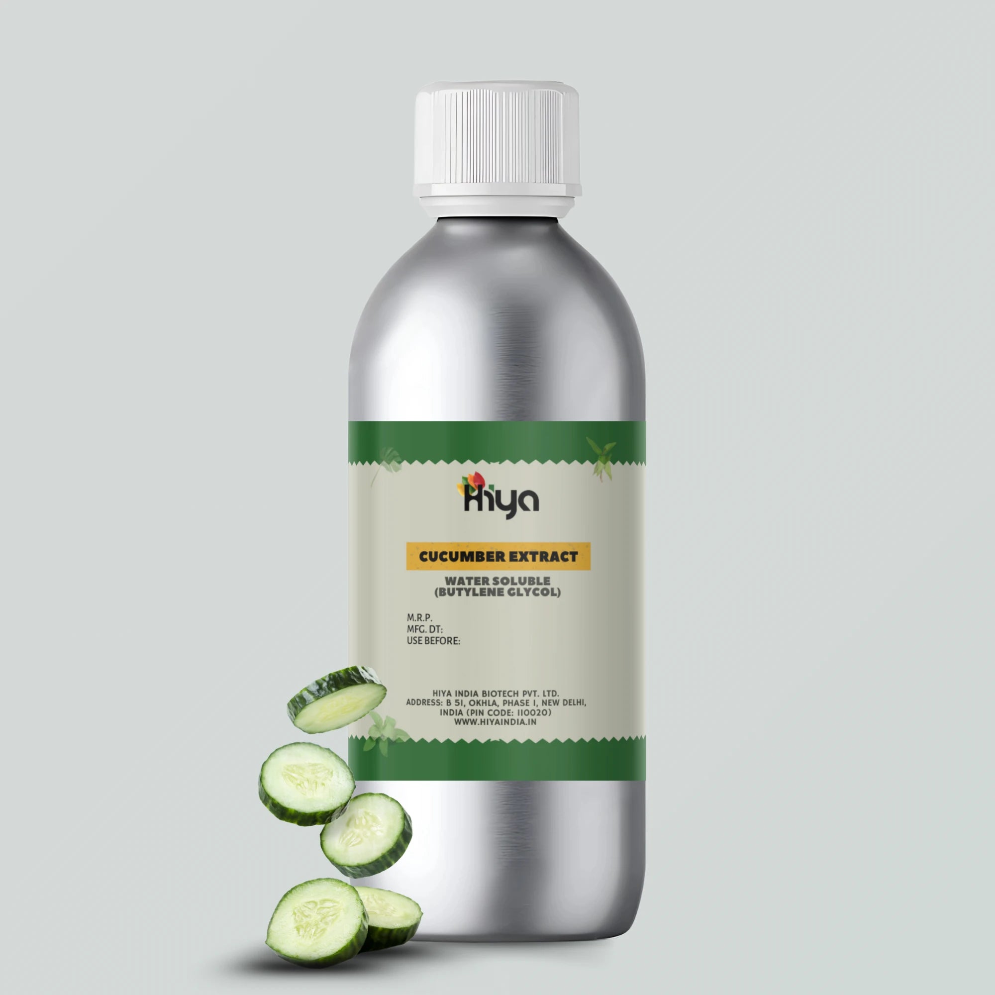Hiya brand Cucumber Extract - Water Soluble (Butylene Glycol) in a silver bottle with a white cap, displayed next to fresh cucumber slices.