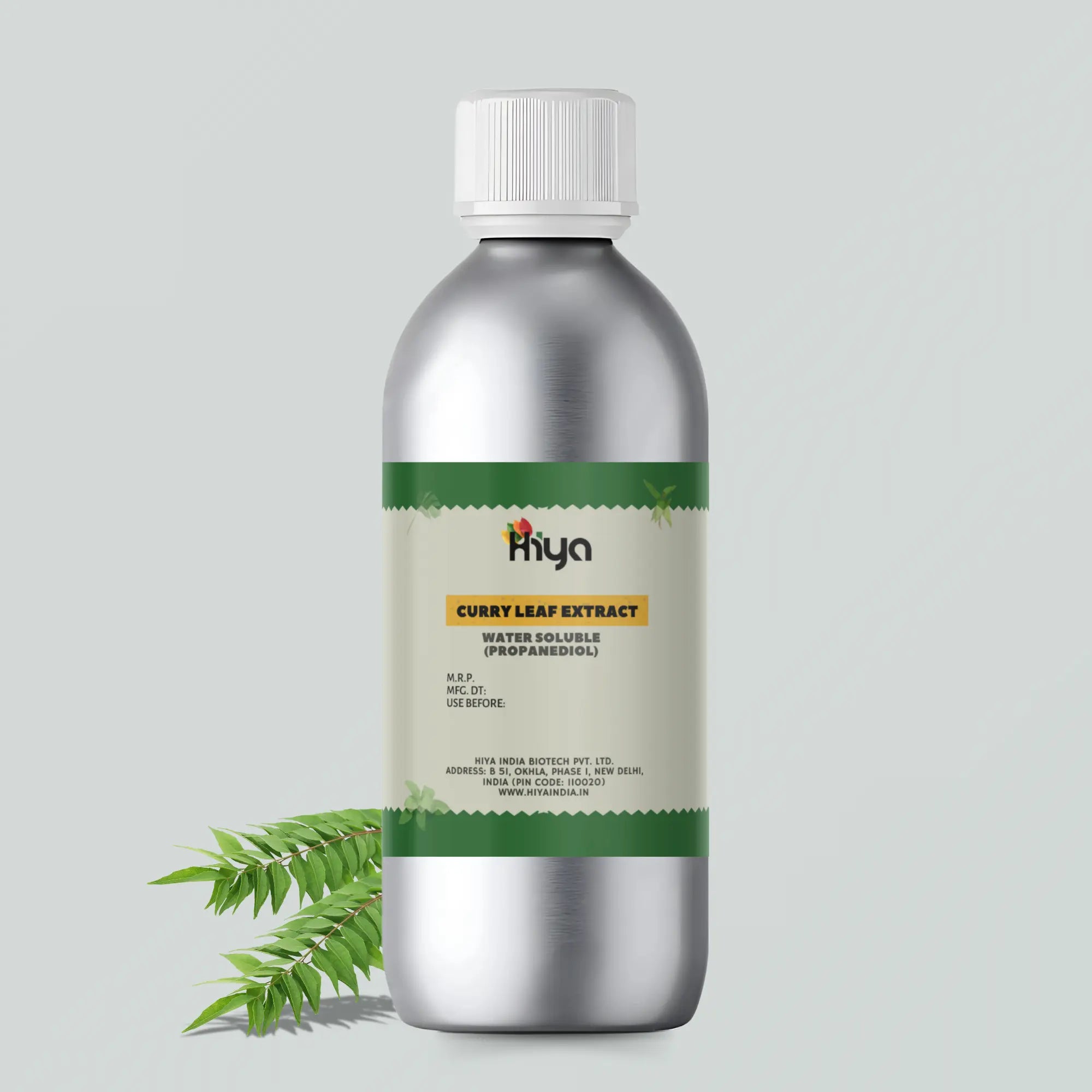 A metallic bottle labeled "Hiya Curry Leaf Extract Water Soluble (Propanediol)" stands upright. To the side, fresh curry leaves are scattered, showcasing the natural ingredient.