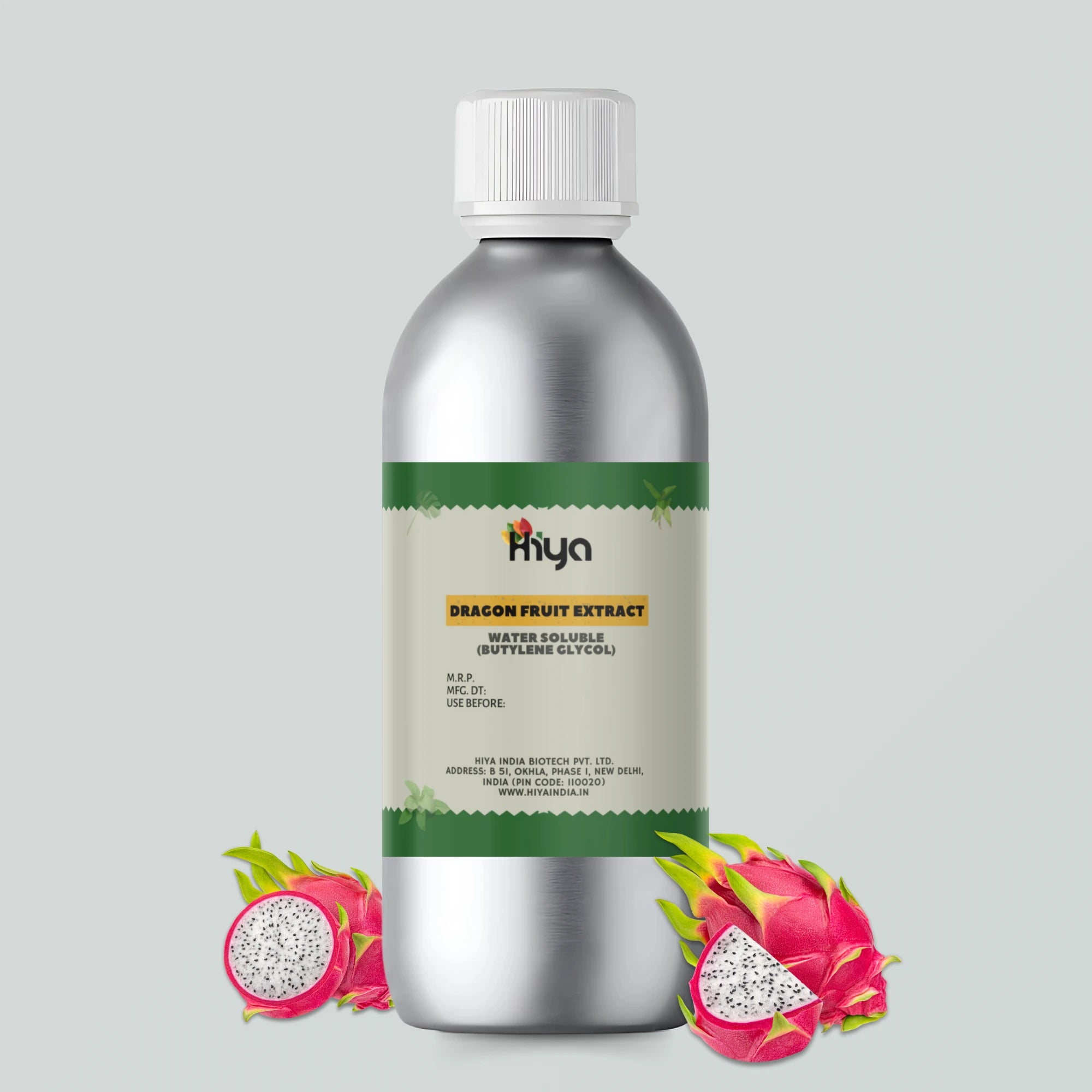 Hiya brand Dragon Fruit Extract - Water Soluble (Butylene Glycol) in a silver bottle with a white cap, displayed next to vibrant pink and white dragon fruit slices. Ideal for cosmetic manufacturers, home DIY creators, and natural skincare formulations.