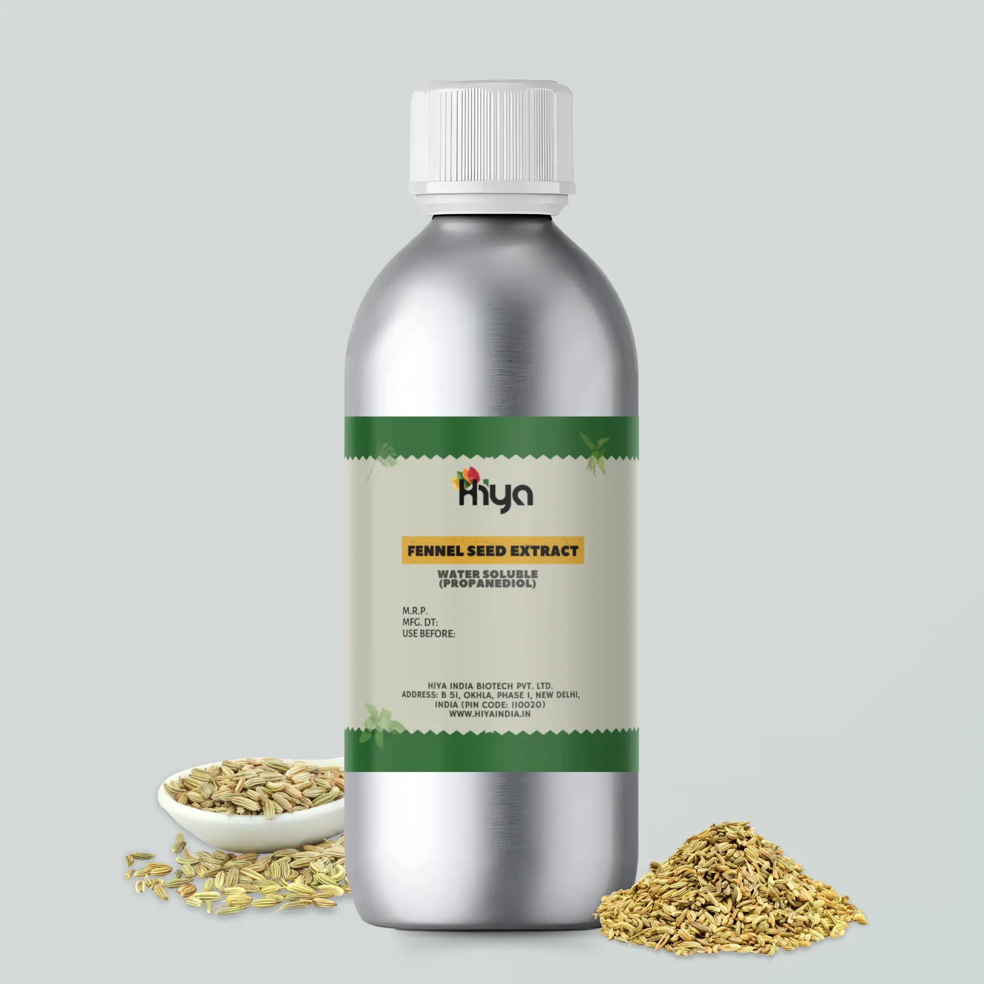 Hiya Fennel Seed Extract bottle with a metallic finish and white cap, displayed alongside a small bowl and pile of fennel seeds.