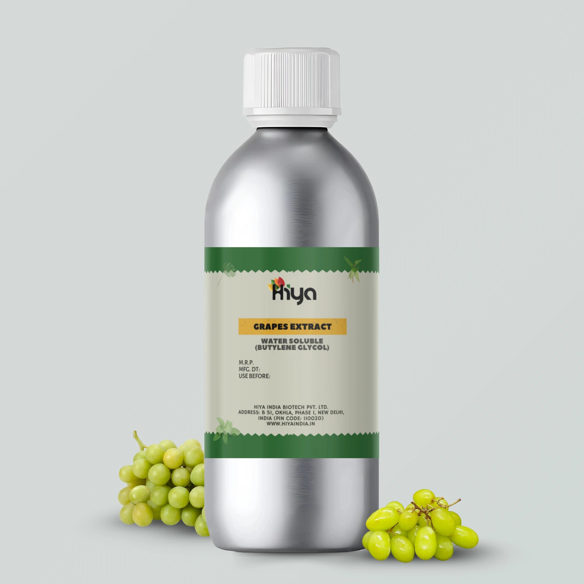 Hiya brand Grapes Extract - Water Soluble (Butylene Glycol) in a silver bottle with a white cap, displayed next to fresh green grapes. Ideal for cosmetic manufacturers, home DIY creators, and natural skincare formulations.