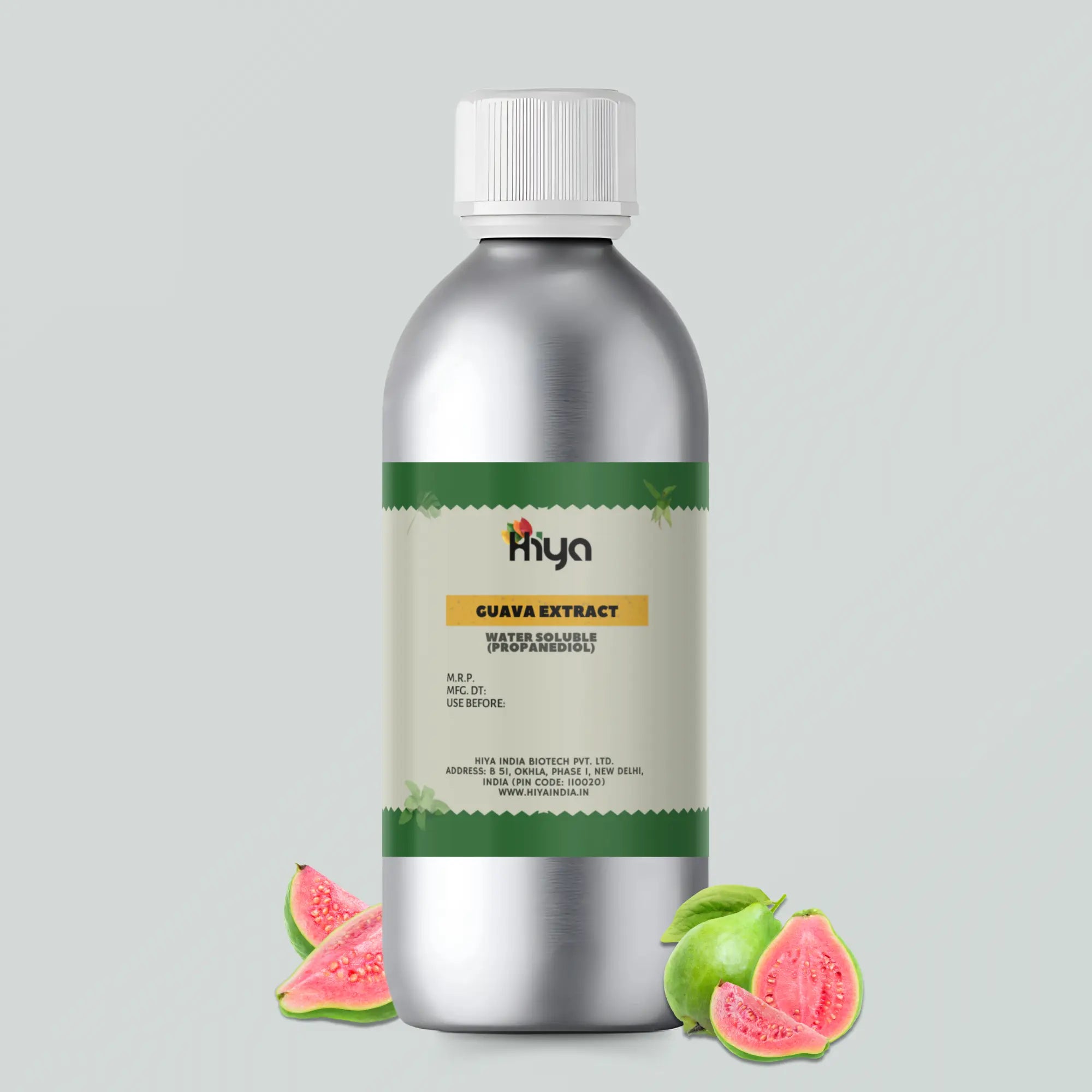 Hiya India Guava Extract Water Soluble alluminium bottle with a white cap, labeled with product details, displayed next to whole and sliced guavas.. Made by Hiya India Biotech Pvt. Ltd., based in New Delhi, India.
