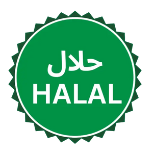 Green 'HALAL' label with Arabic text