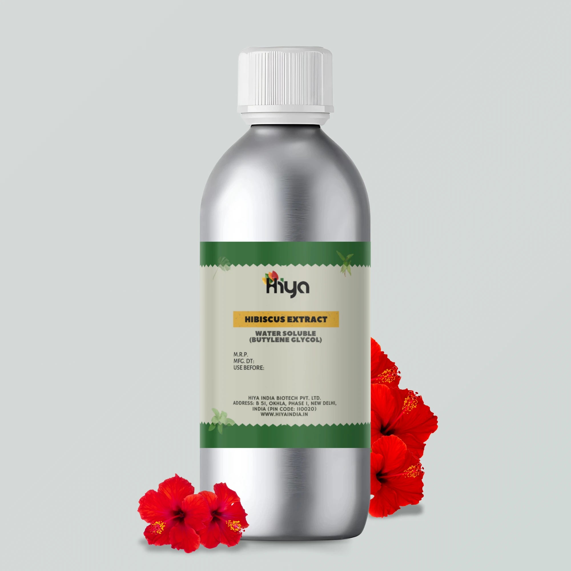 Hiya brand Hibiscus Extract - Water Soluble (Butylene Glycol) in a silver bottle with a white cap, displayed next to vibrant red hibiscus flowers. Ideal for cosmetic manufacturers, home DIY creators, and natural skincare formulations.