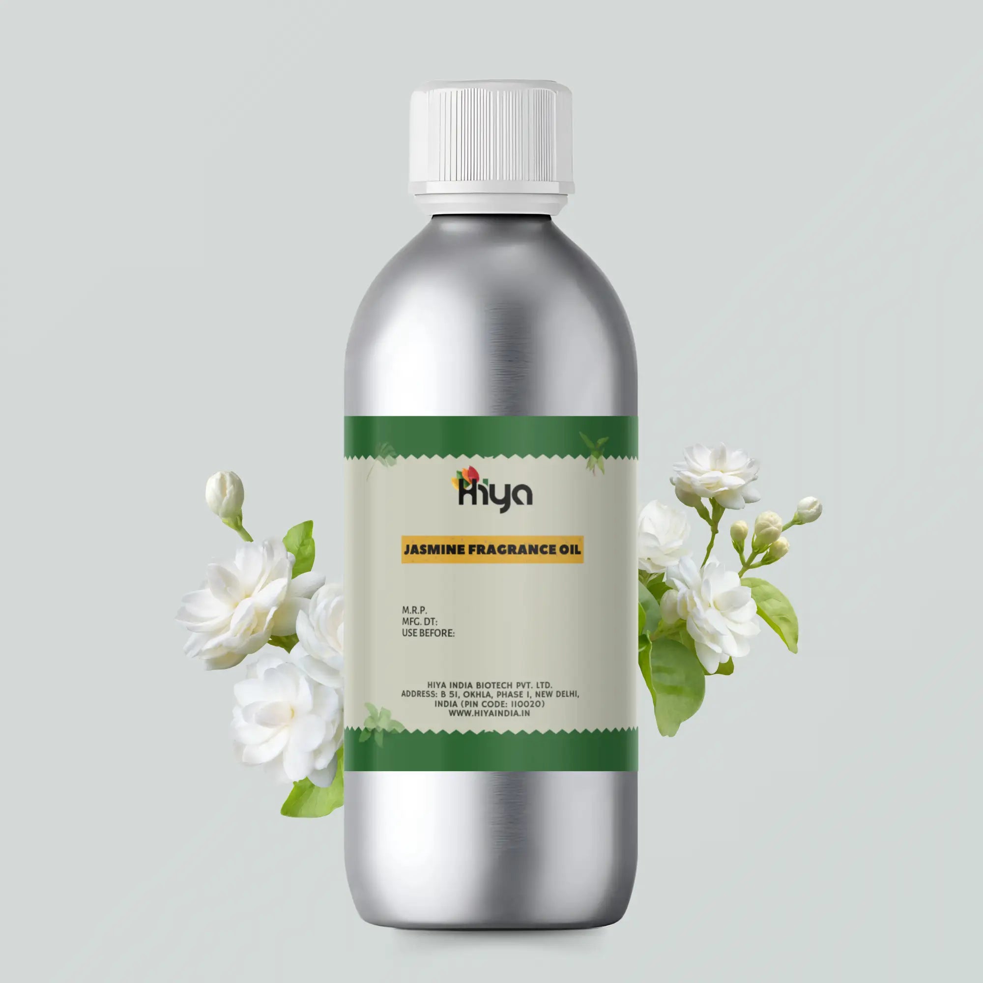 A metallic bottle with a white cap filled with Jasmine Fragrance Oil. Around the bottle, jasmine flowers are arranged to complement and highlight the product's floral essence.