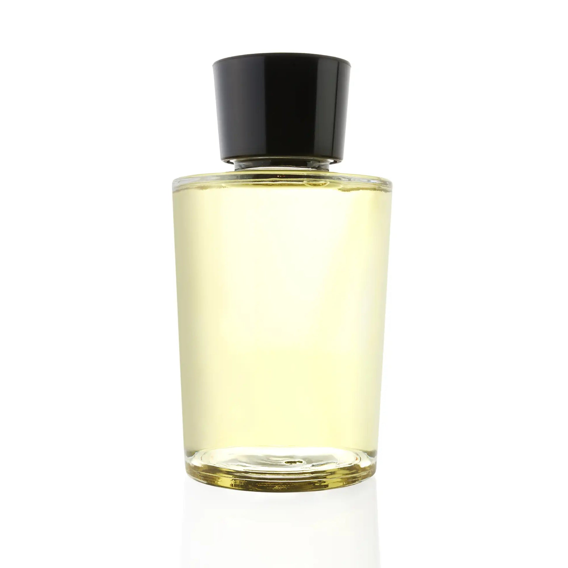 A sleek, transparent glass bottle filled with a light golden-hued jasmine fragrance oil. The bottle features a minimalist design with a black cap, showcasing the purity and elegance of the aromatic oil inside by Hiya India.