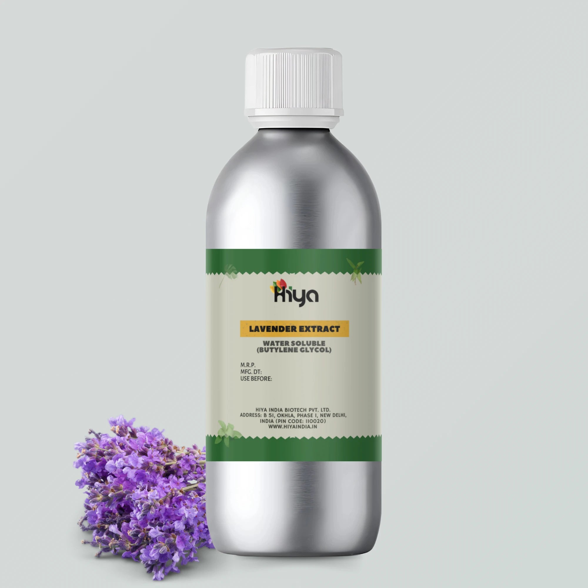 Hiya brand Lavender Extract - Water Soluble (Butylene Glycol) in a silver bottle with a white cap, displayed next to vibrant purple lavender flowers. Ideal for cosmetic manufacturers, home DIY creators, and natural skincare formulations.