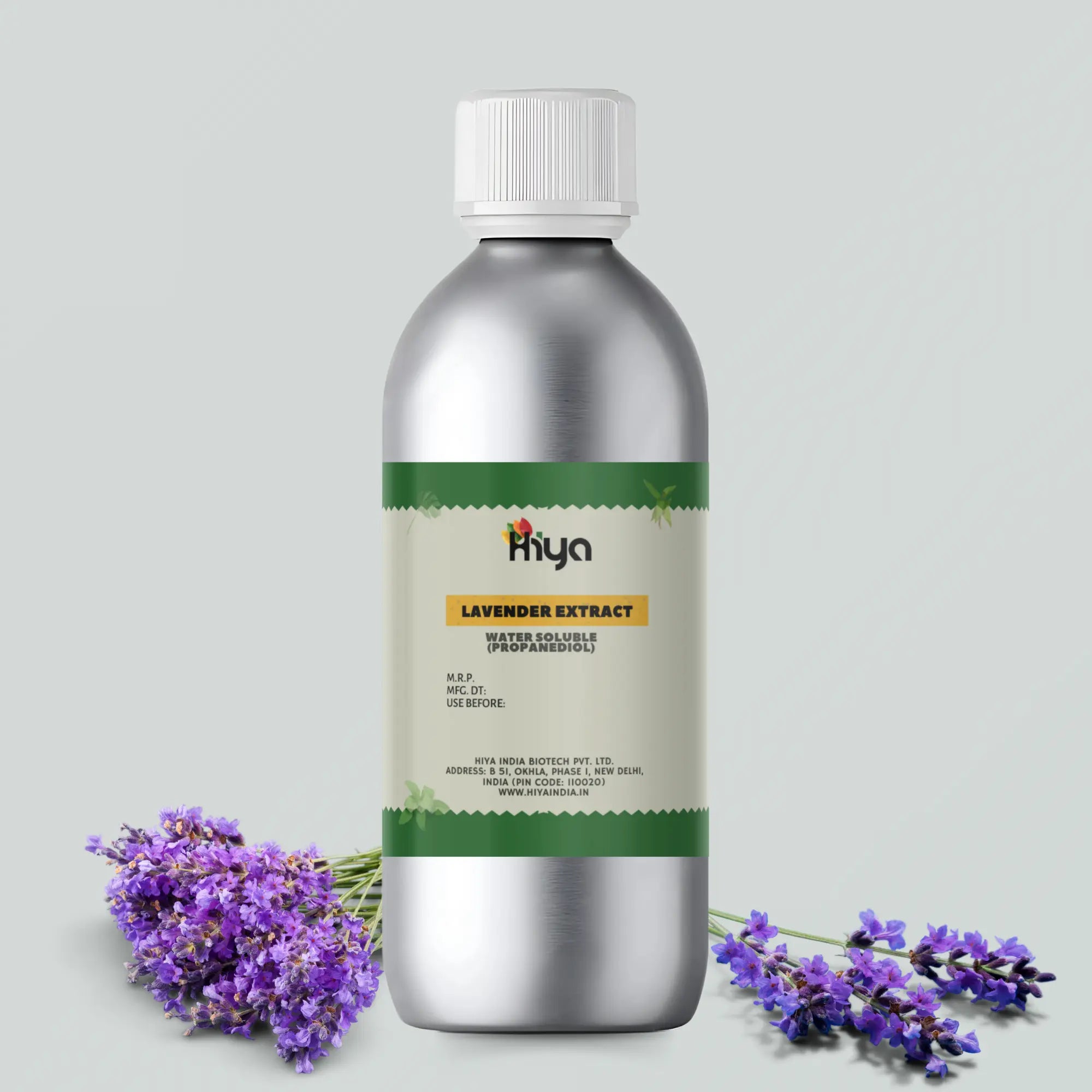 Metallic bottle labeled "Hiya Lavender Extract Water Soluble (Propanediol)" surrounded by fresh lavender flowers.