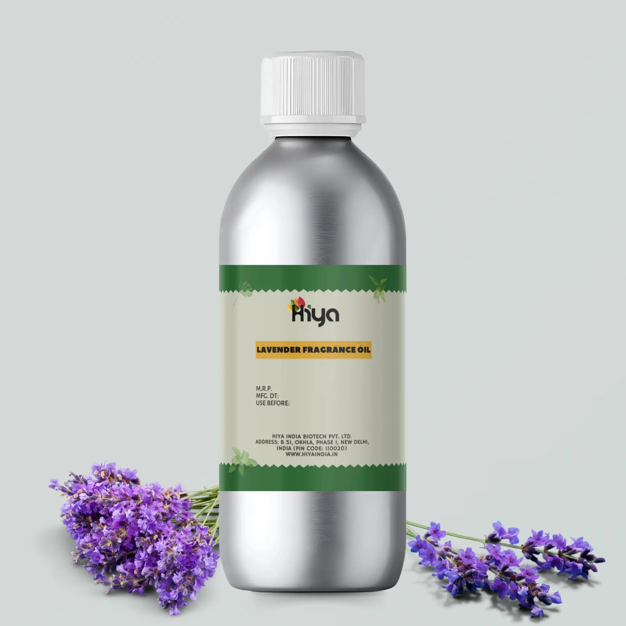 Hiya Lavender Fragrance Oil bottle with metallic finish, labeled with "Hiya Lavender Fragrance Oil," placed amidst fresh lavender flowers.