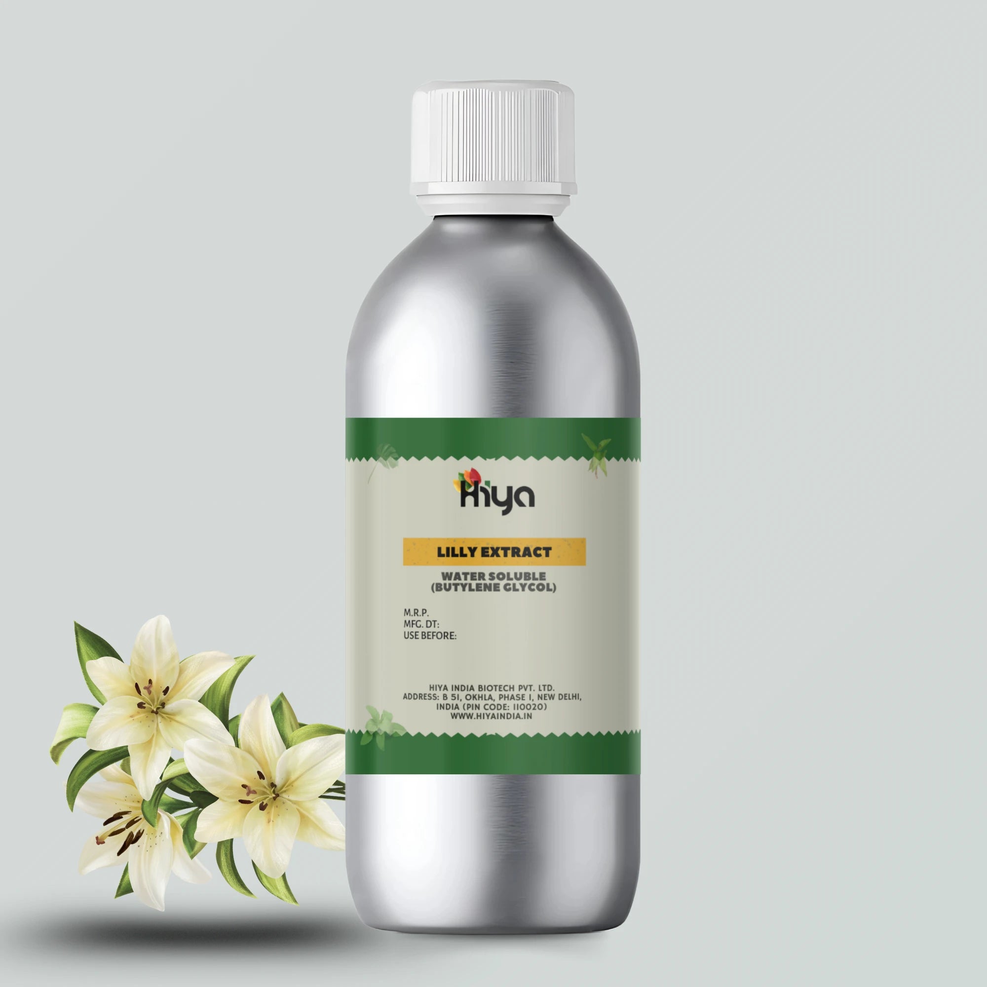 Hiya brand Lilly Extract - Water Soluble (Butylene Glycol) in a silver bottle with a white cap, alongside elegant white lilies. Ideal for cosmetic manufacturers, home DIY creators, and natural skincare formulations