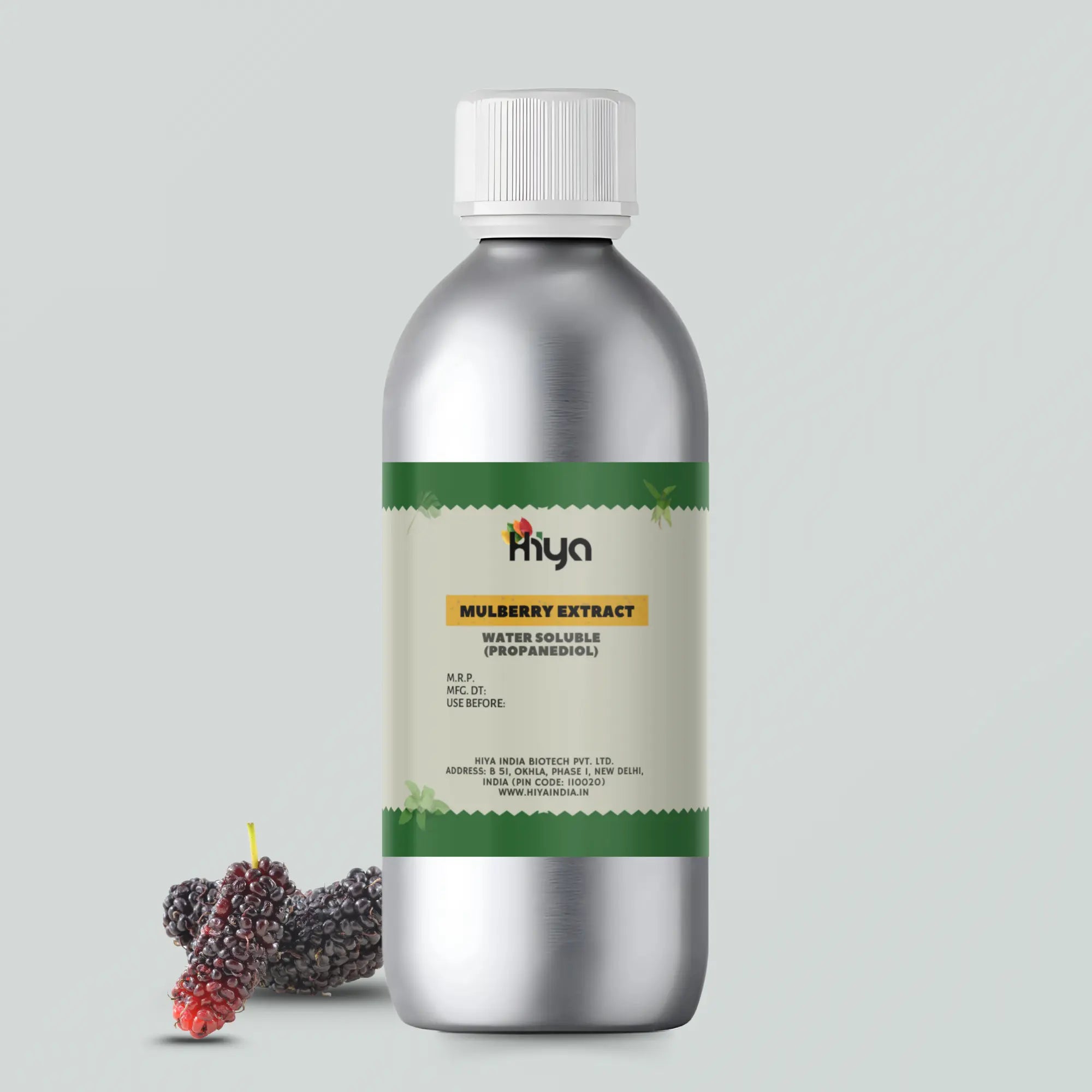 A metallic bottle labeled "Hiya Mulberry Extract Water Soluble (Propanediol)" with fresh mulberries beside it.