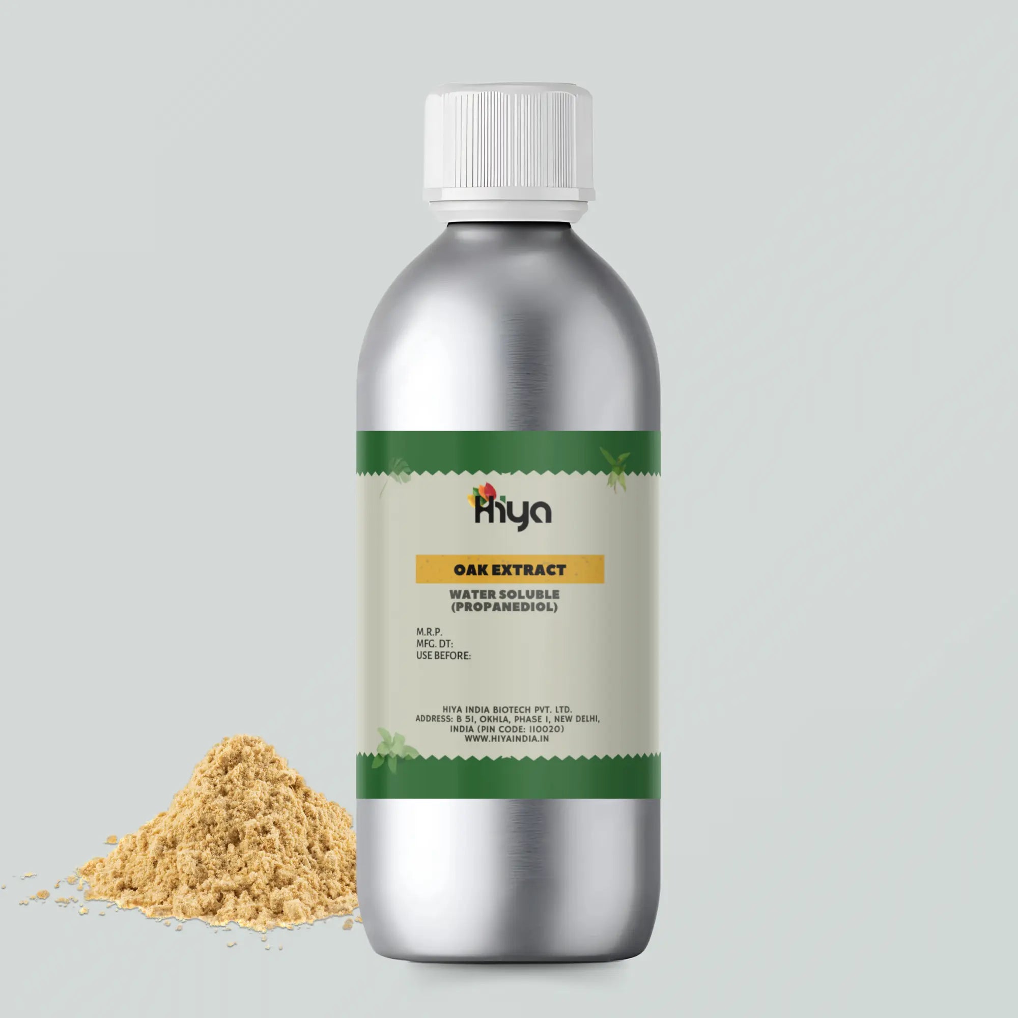 A silver metallic bottle labeled "Hiya Oak Extract Water Soluble (Propanediol)" with a small pile of light brown Oak extract beside it.
