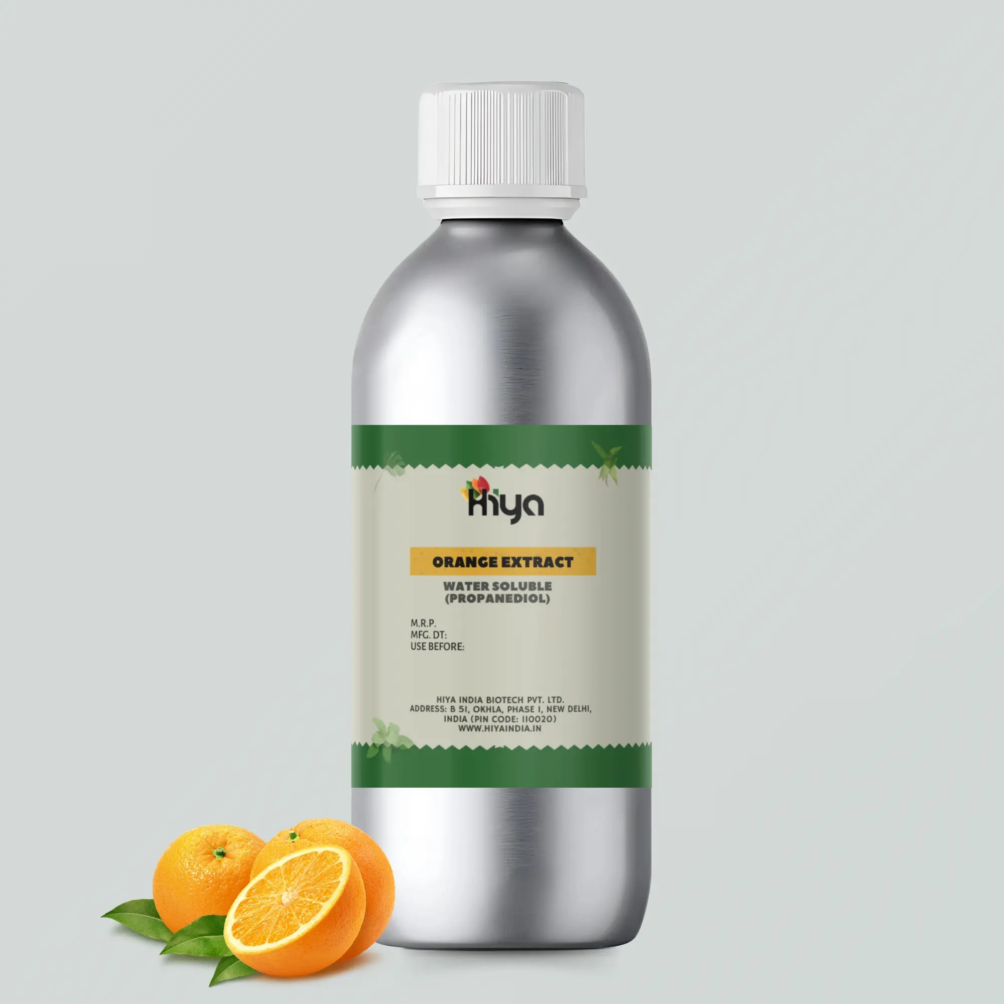 A silver metallic bottle labeled "Hiya Orange Extract Water Soluble (Propanediol)" with two whole oranges and a sliced orange beside it.