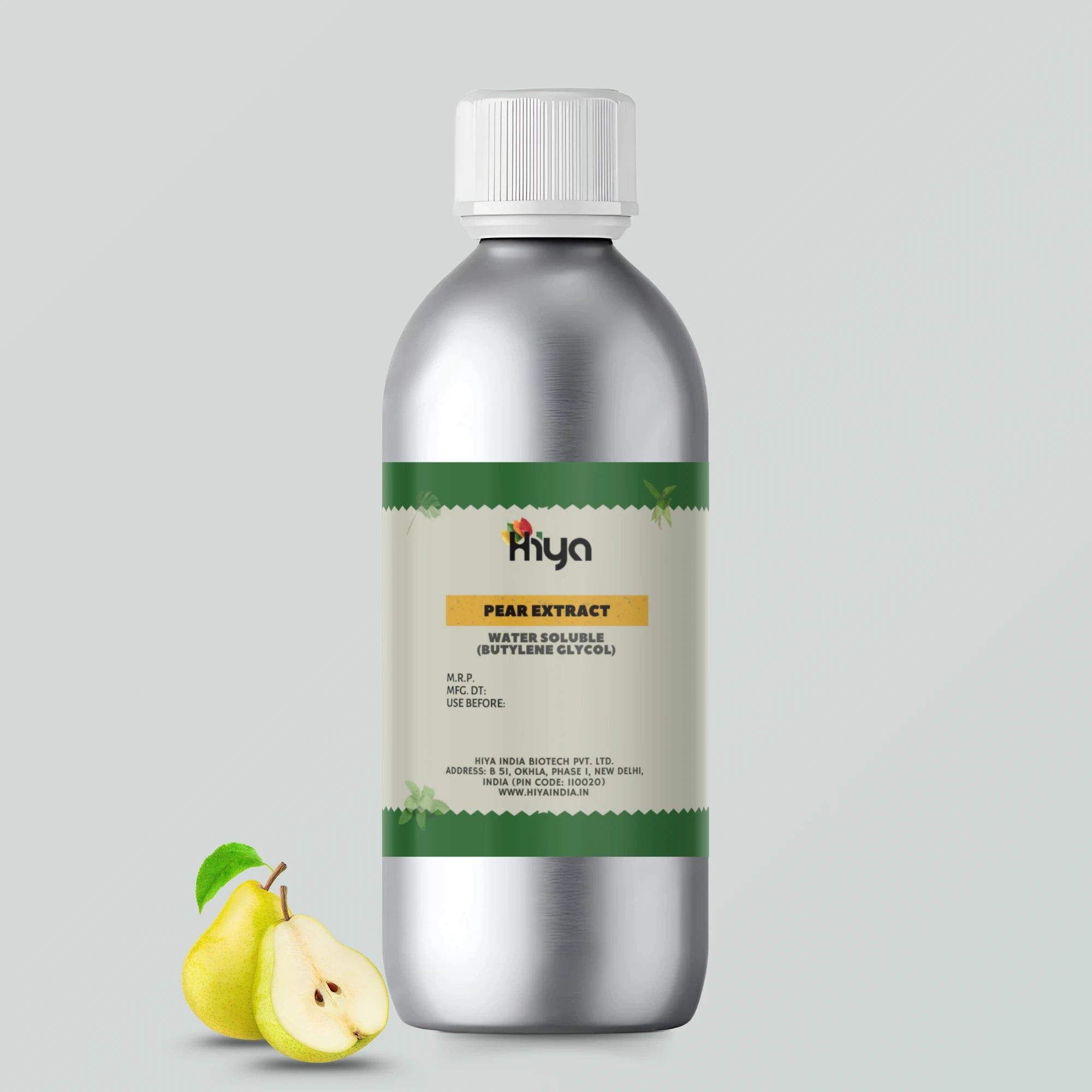 A metallic bottle labeled 'Hiya Pear Extract Water Soluble (Butylene Glycol),' placed against a soft gray background. Two pears—one whole and one sliced—sit beside the bottle, emphasizing its natural ingredients and fresh appeal.