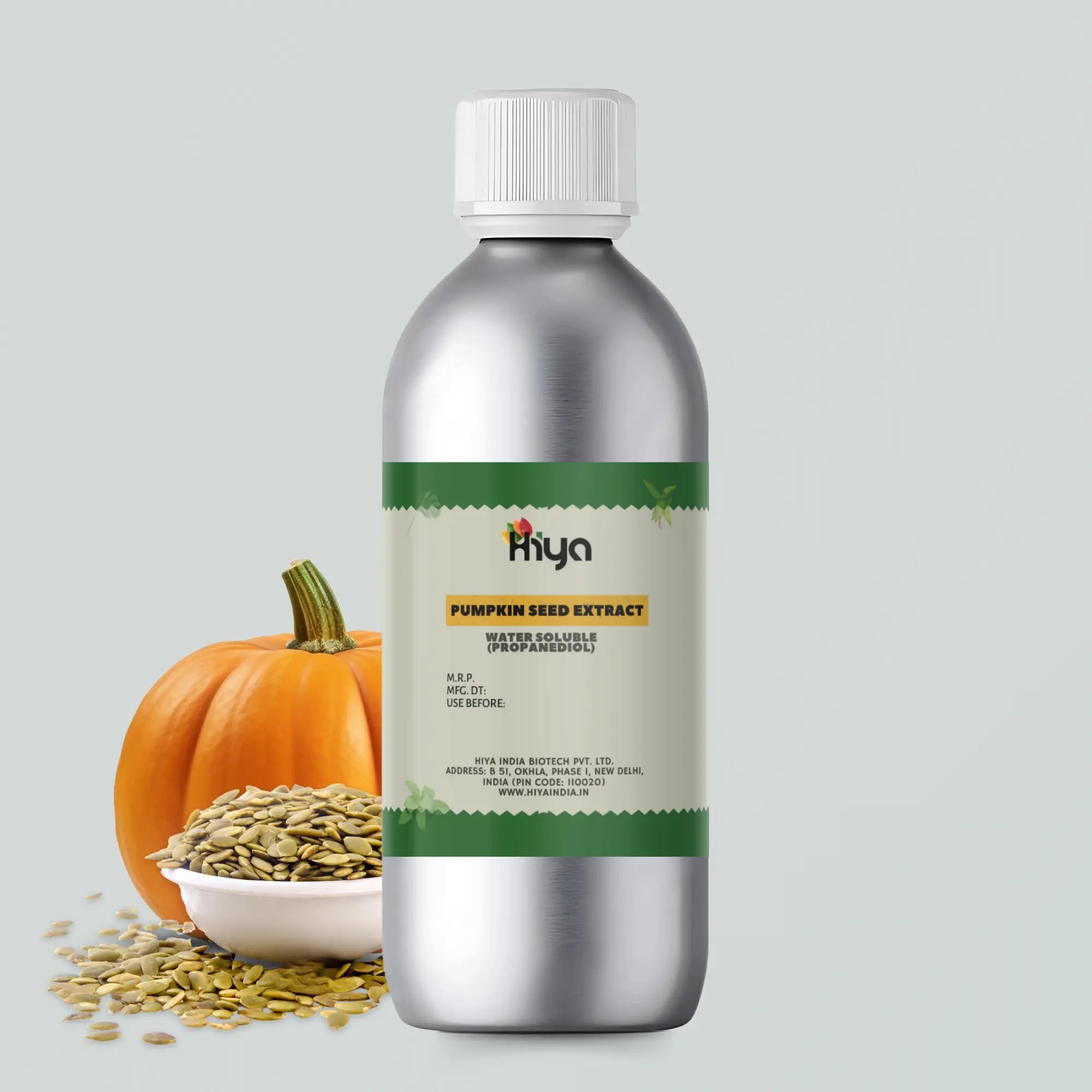 Hiya Pumpkin Seed water soluble Extract bottle with a metallic finish and white cap. A whole pumpkin and bowl of pumpkin seeds are placed nearby, highlighting its natural ingredients. 
