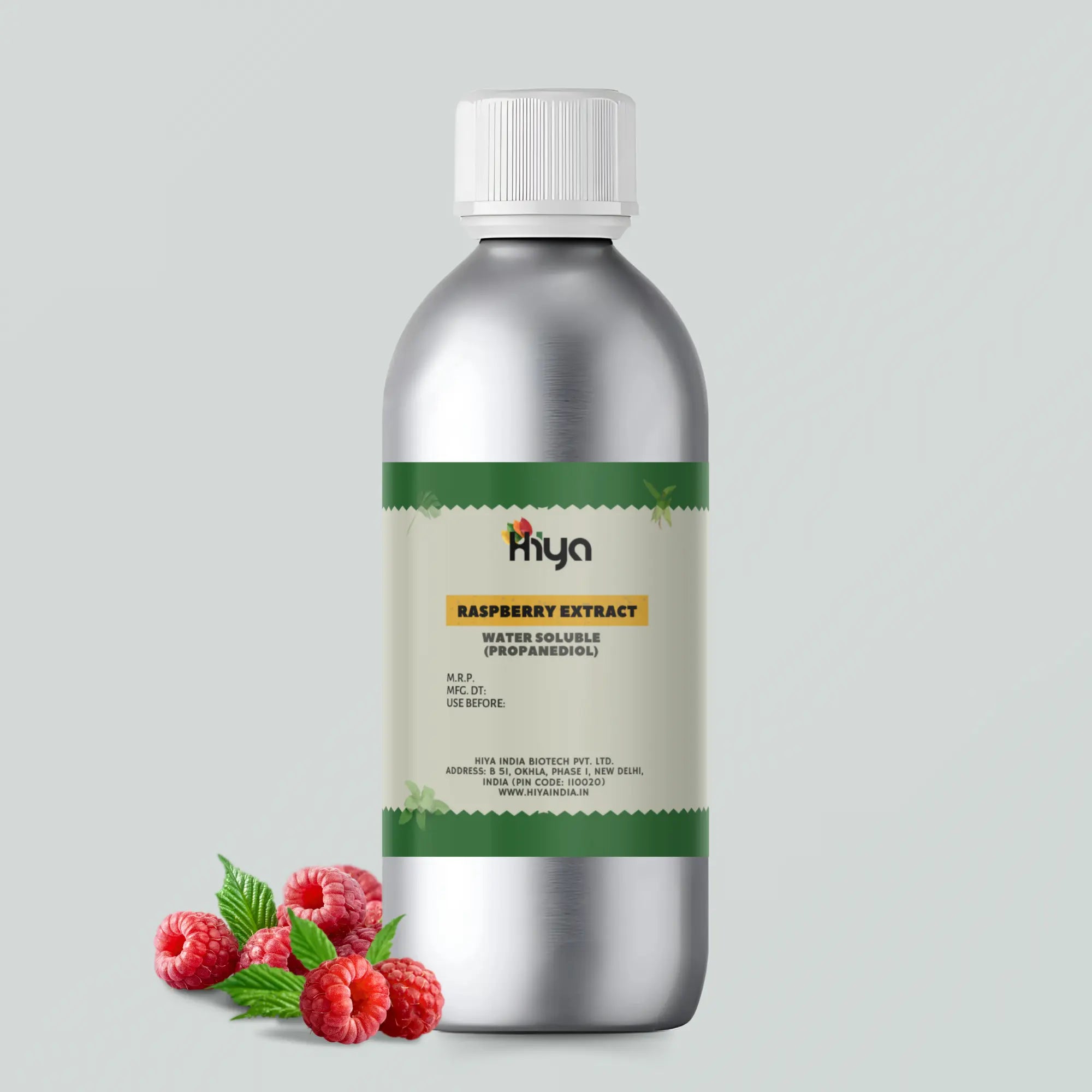 A metallic bottle labeled "Hiya Raspberry Extract Water Soluble (Propanediol)" with fresh raspberries and green leaves beside it.