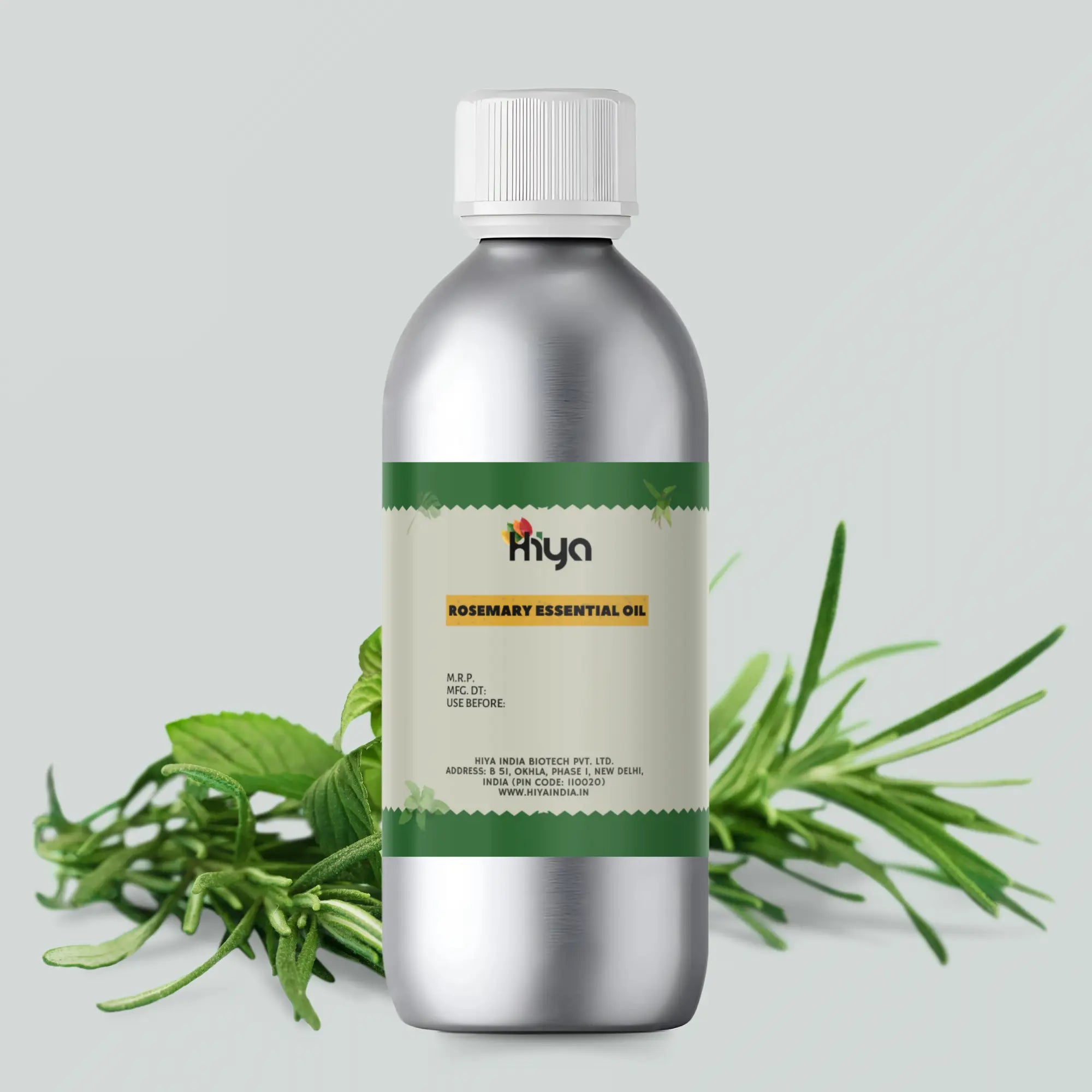 Hiya India's silver bottle with cap filled with Rosemary Essential Oil labeled product details with rosemary surrounded behind the bottle.