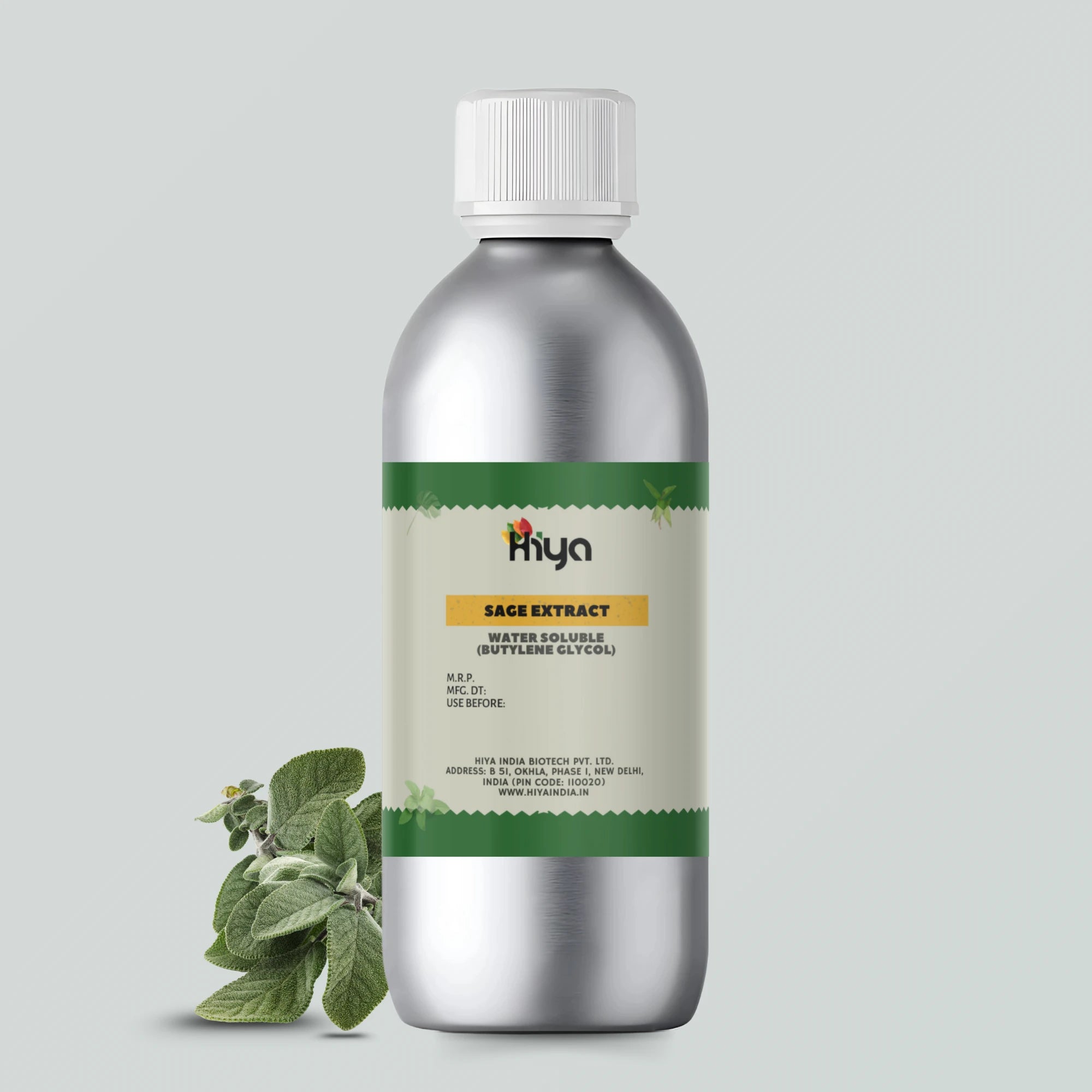 A metallic bottle labeled "Hiya Ginger Extract Water Soluble (Butylene Glycol)" with a white cap. A small pile of fresh ginger with green leaves is placed at the bottom left corner of the image.