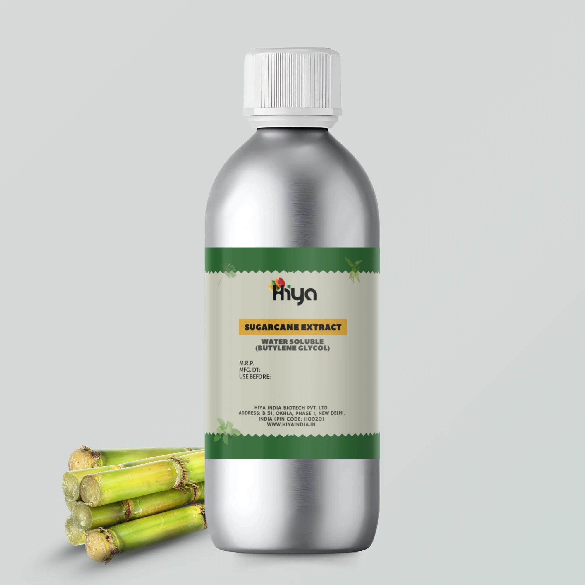 A metallic bottle labeled 'Hiya Tomato Extract Water Soluble (Butylene Glycol),' displayed alongside ripe tomatoes, emphasizing its natural ingredient and professional packaging. Additional product details, including manufacturing date and company website, are visible on the label.