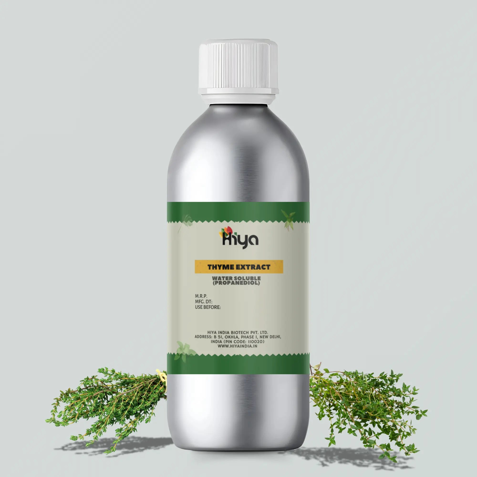 Hiya Thyme Water Soluble Extract in a metallic bottle with white cap, sprigs of fresh thyme are placed at the base of the bottle, emphasizing its natural ingredient.