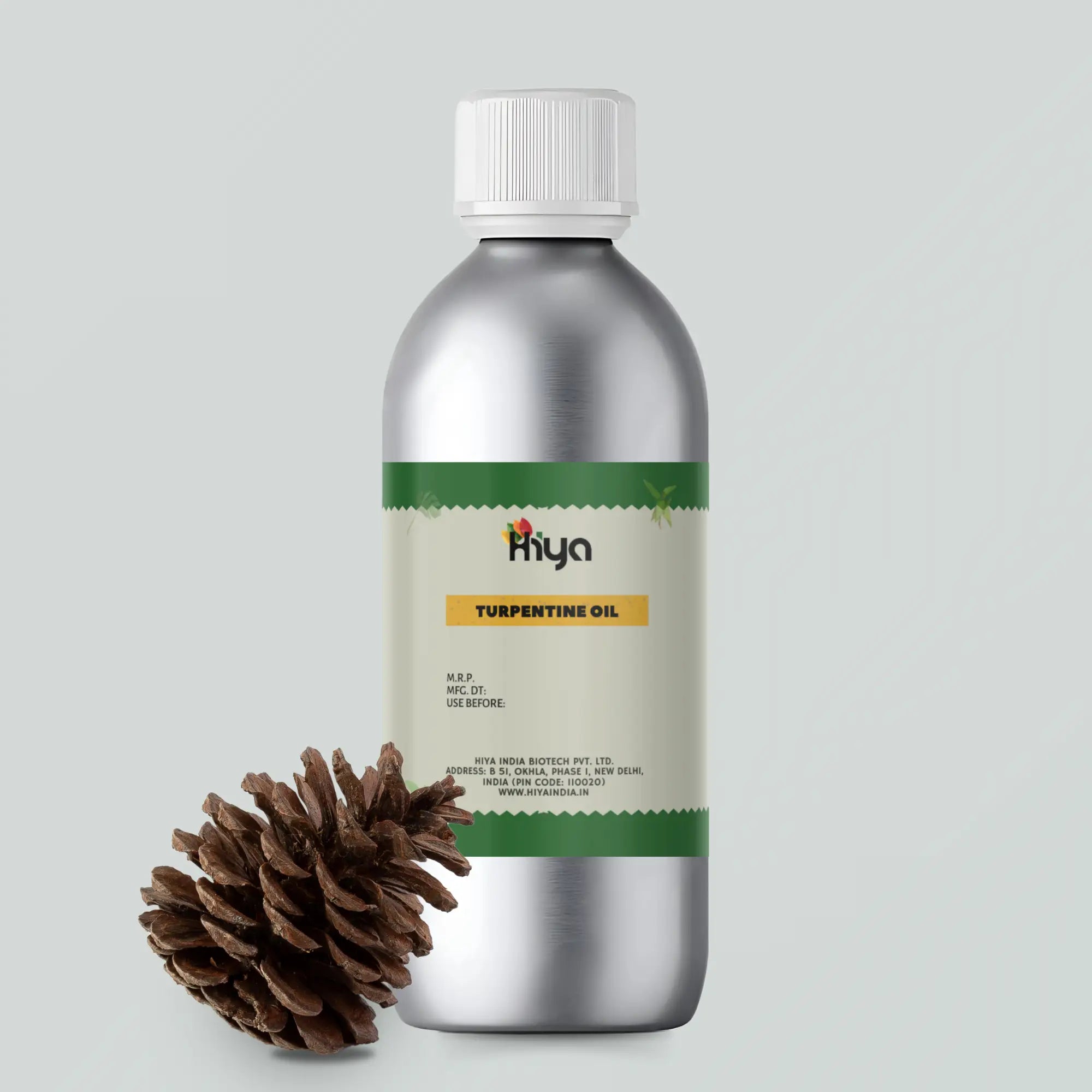 A silver bottle labeled 'Hiya Turpentine Oil' with a white cap, surrounded by pine cones, emphasizing its natural essence.