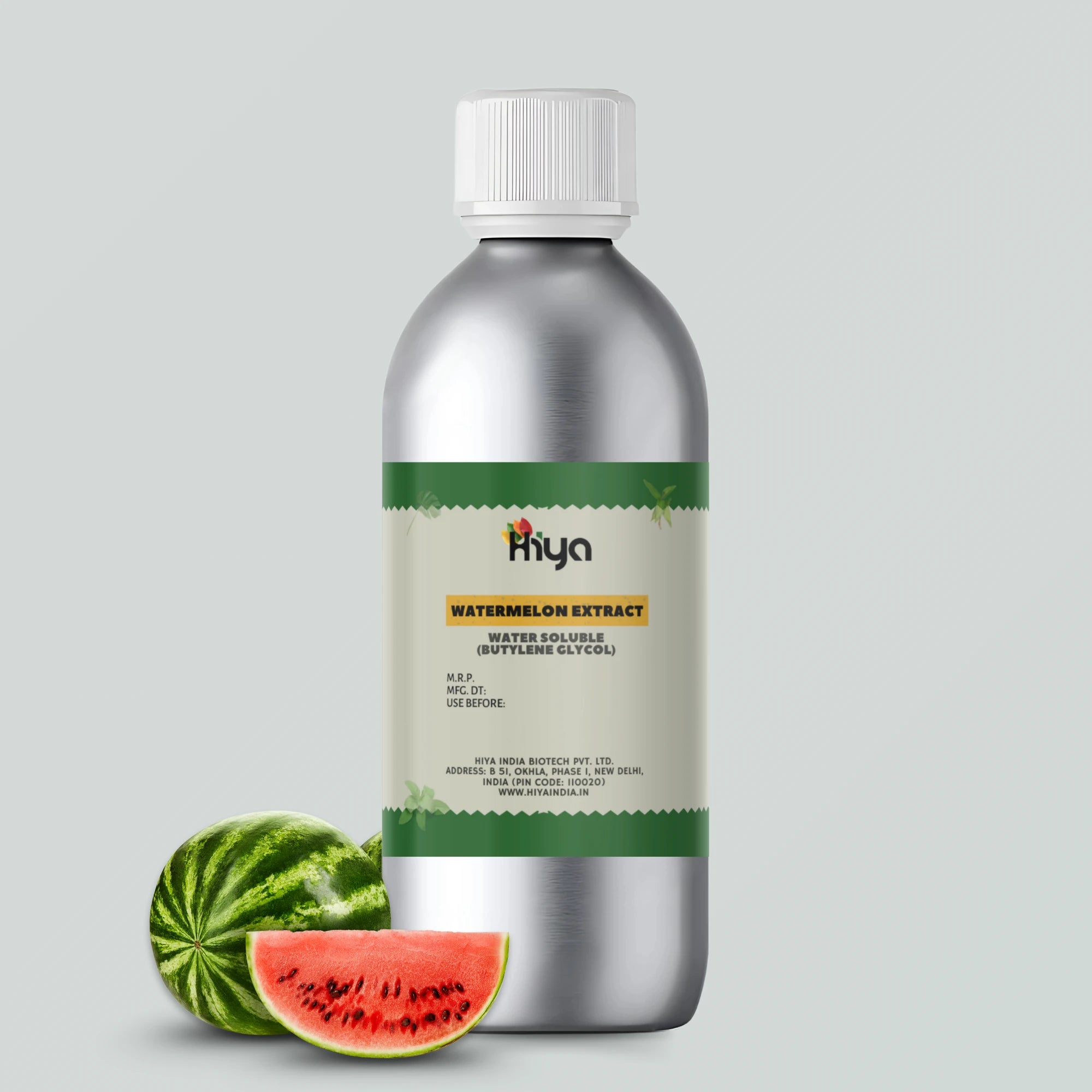 A metallic bottle labeled 'Hiya Watermelon Extract Water Soluble (Butylene Glycol),' displayed alongside a fresh watermelon and a watermelon slice, emphasizing its natural ingredient and premium packaging.