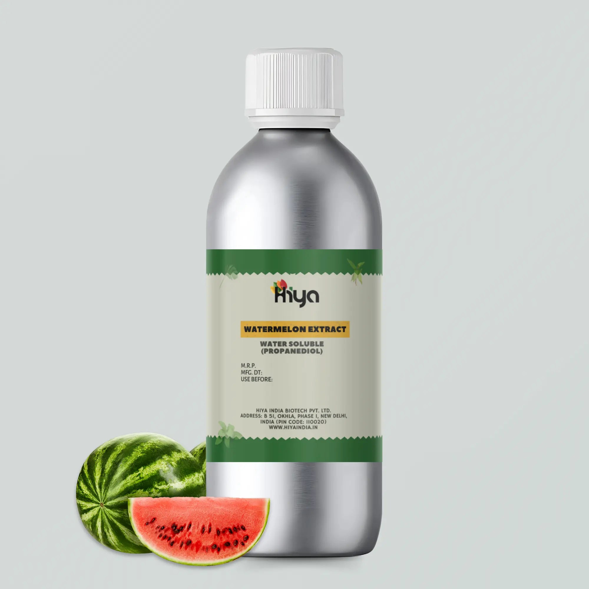 A silver metallic bottle labeled "Hiya Watermelon Extract" with a whole watermelon and a slice beside it.