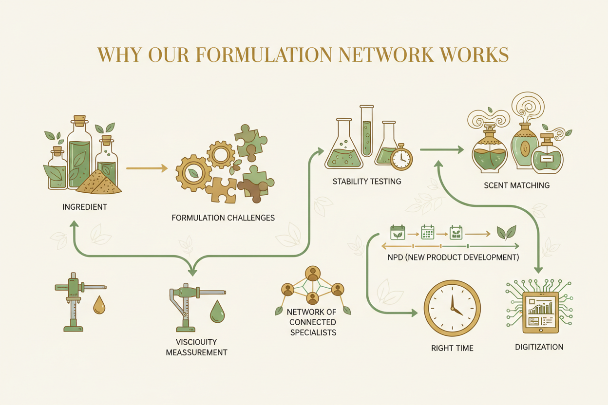 Generate an image of heading 
Why Our Formulation Network Works
Describe all these using icons not use content same 
Over the last 6–7 years, brands have come to us primarily for ingredients.

And naturally, whenever they hit roadblocks—formulation issues, stability challenges, viscosity shifts, scent mismatches or NPD delays—they turned back to us for help.

Working with so many founders and Brand R&D teams taught us one thing:

every project needs the right specialist at the right time.

Digitising Formul