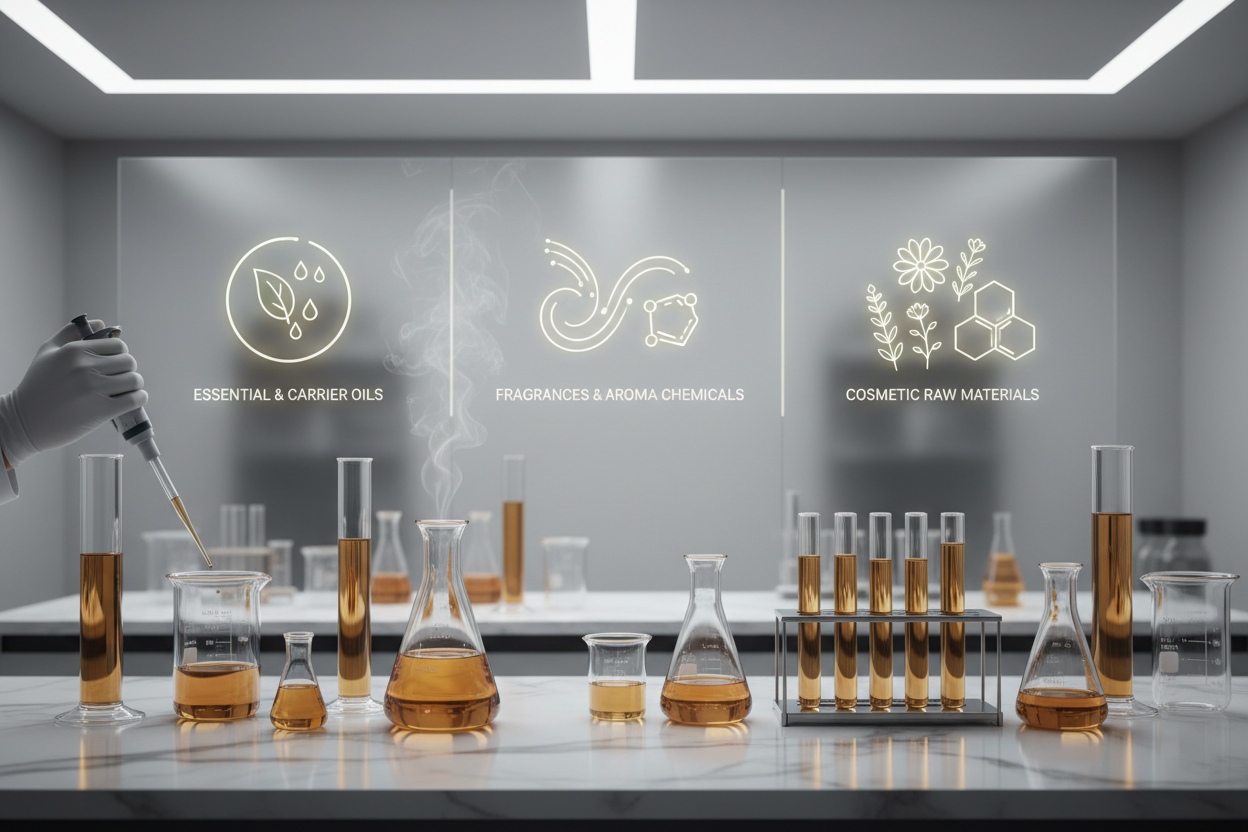 Generate an image of lab testing and add icons of Essential & Carrier Oils, Fragrances & Aroma Chemicals

Cosmetic Raw Materials



