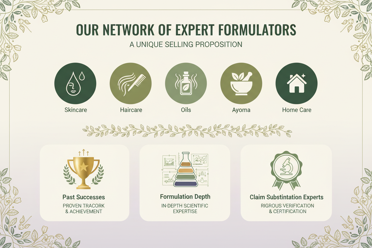 Generate an  image of Our Network of Expert Formulators (USP)
Showing icons Category expertise (Skincare, Haircare, Oils, Aroma, Ayurvedic, Home Care)
Past successes & formulation depth
Aroma / Fragrance specialists
Claim substantiation experts
